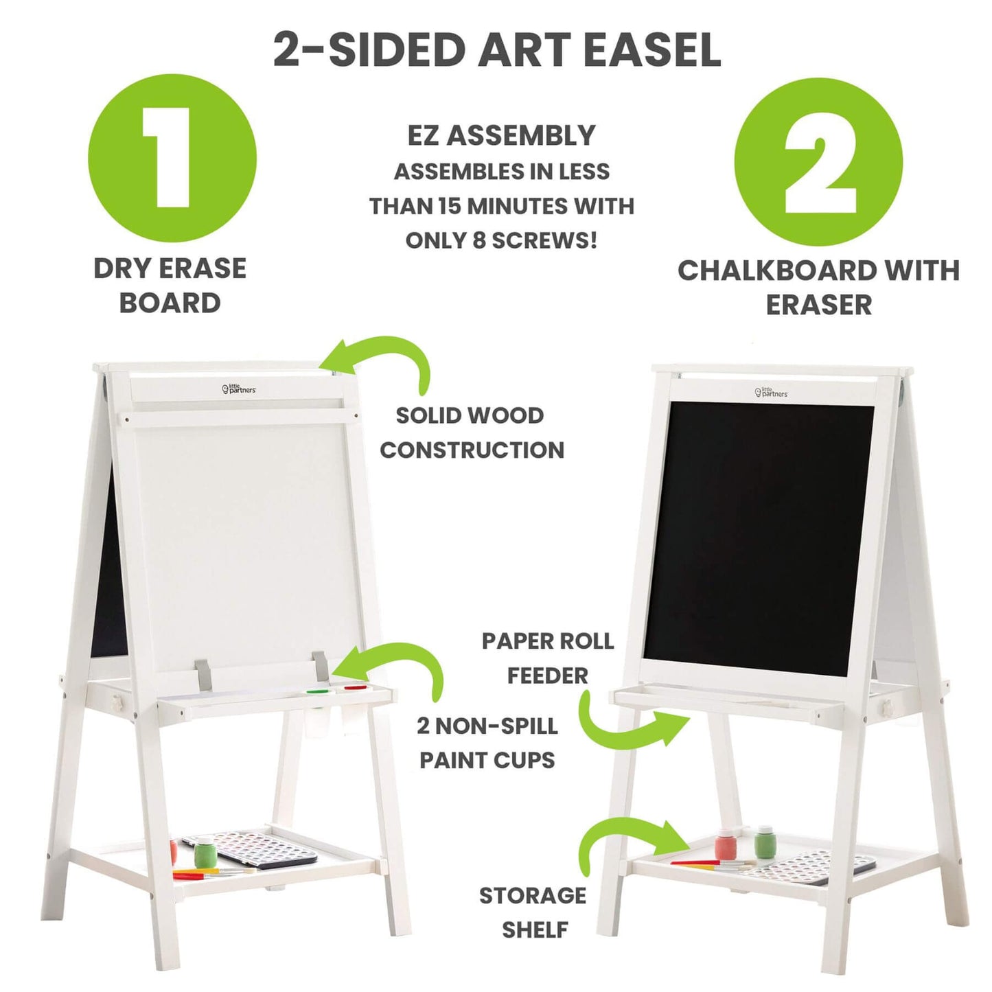 Little Partners Folding Artist EZ Easel White with features highlighted on a white background