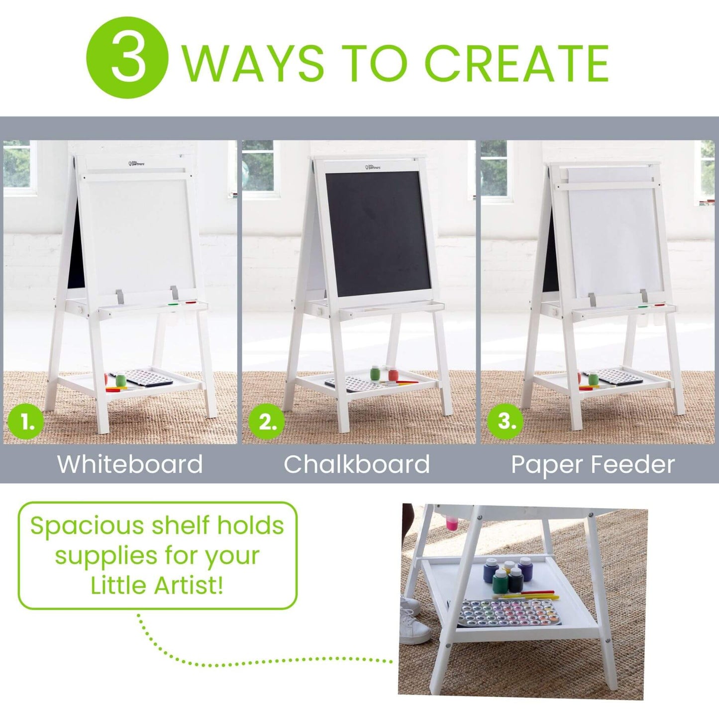 Little Partners Folding Artist EZ Easel White with whiteboard, chalkboard, and paper feeder options on a white background.