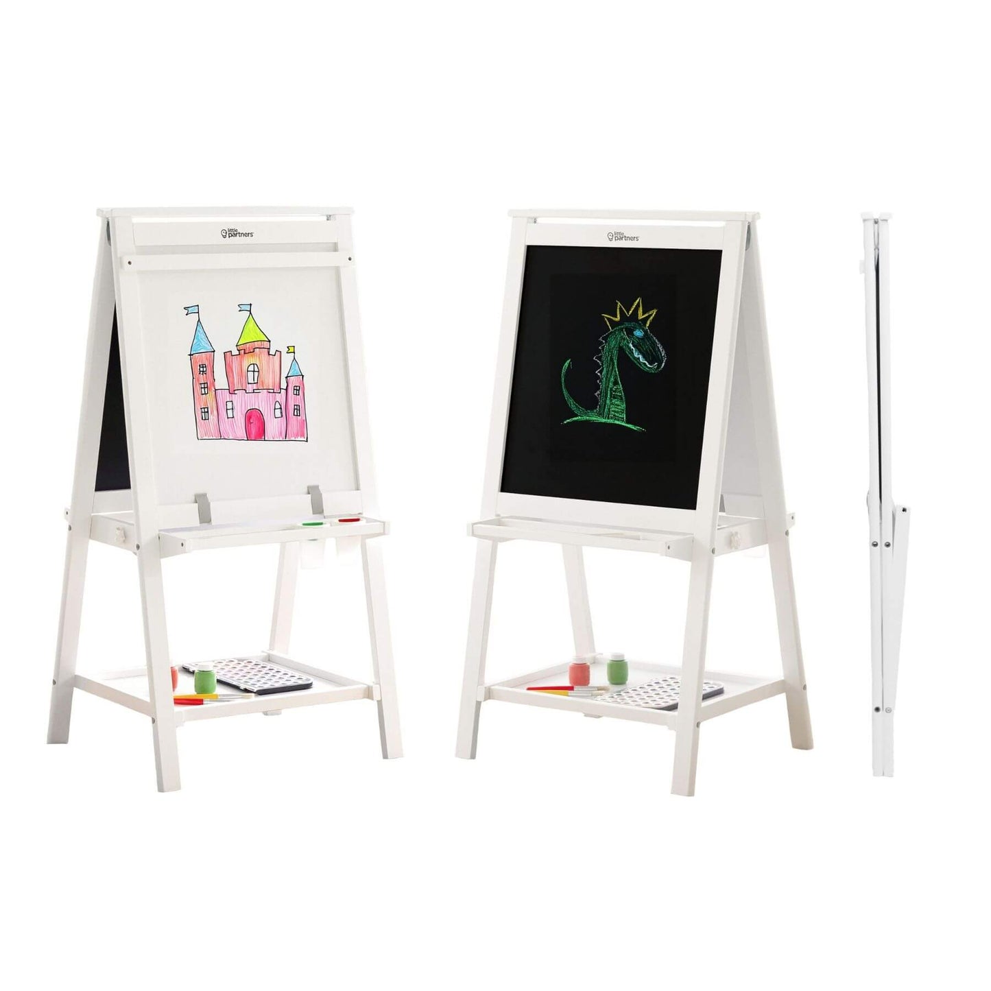 Little Partners Folding Artist EZ Easel White with chalkboard and whiteboard surfaces, displaying colorful drawings.