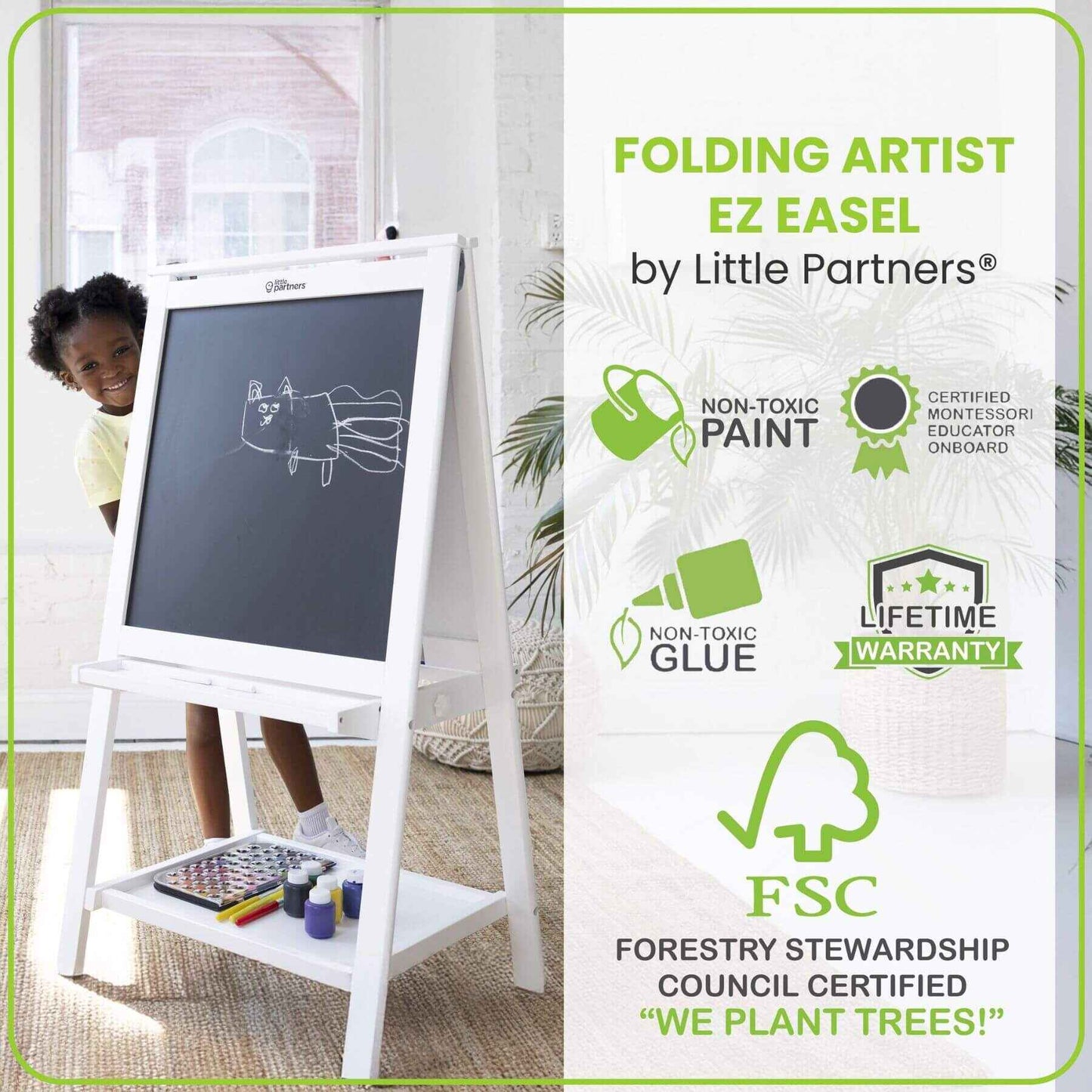 Folding artist EZ easel by Little Partners with child drawing, surrounded by certification logos on a white background.