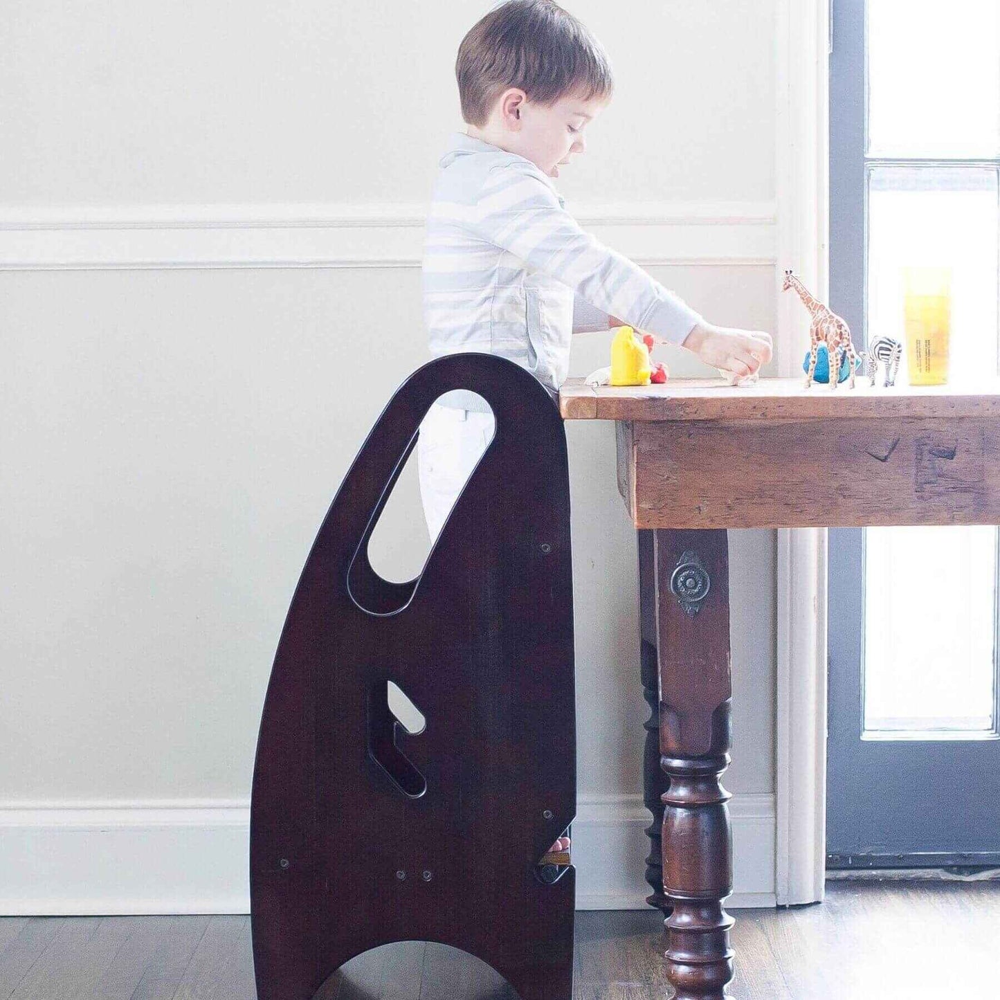 Boy Standing on Little Partners 3-in-1 Growing Step Stool Espresso