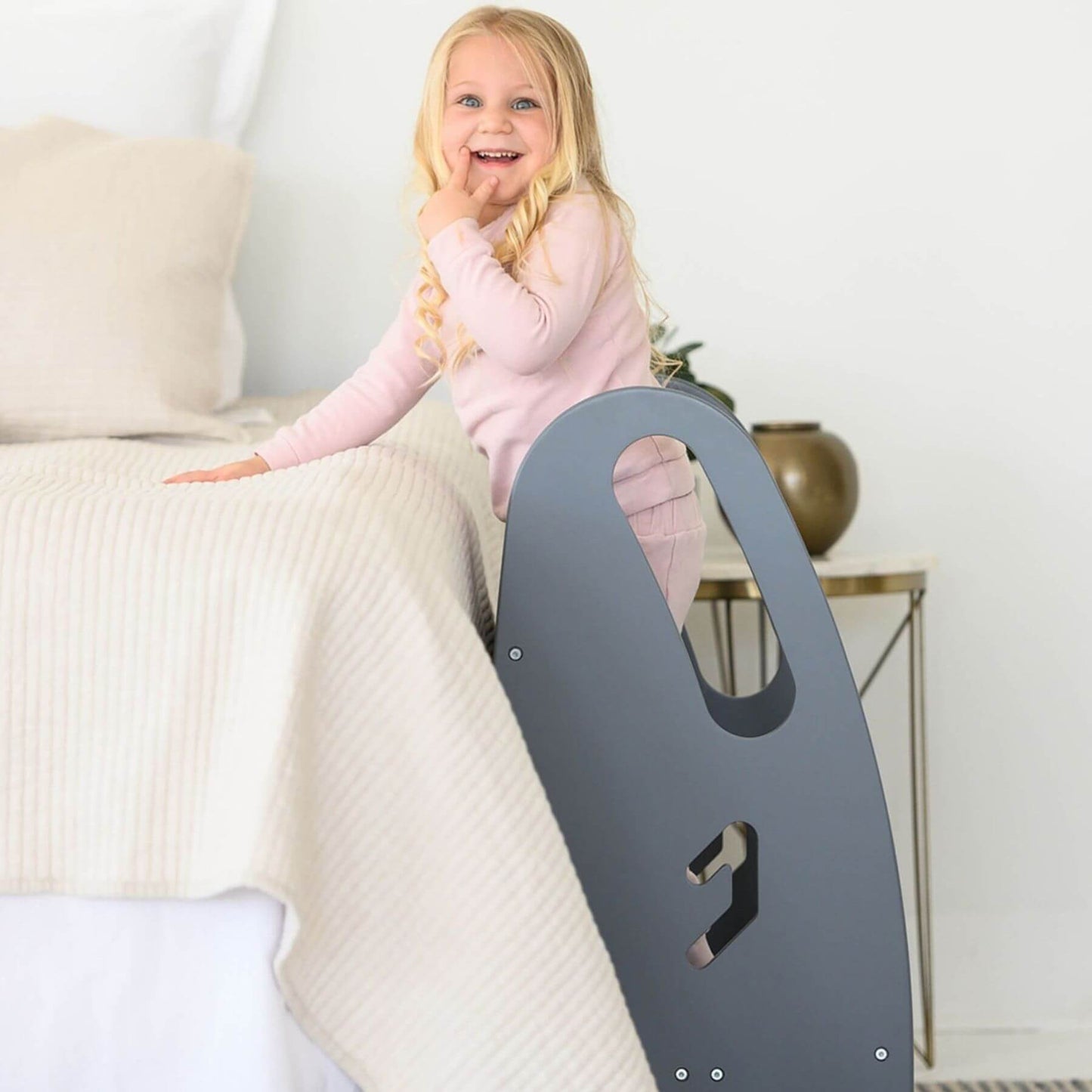 Girl Standing on Little Partners 3-in-1 Growing Step Stool Grey