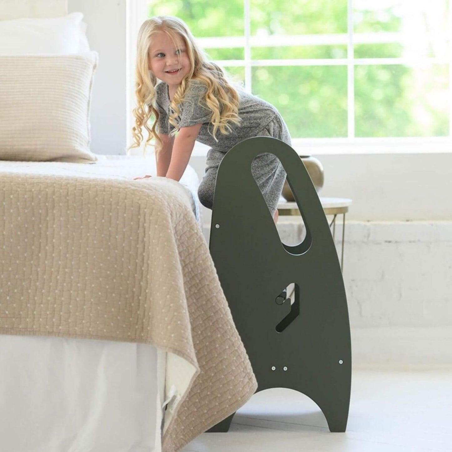 Girl Standing on Little Partners 3-in-1 Growing Step Stool Olive Oil