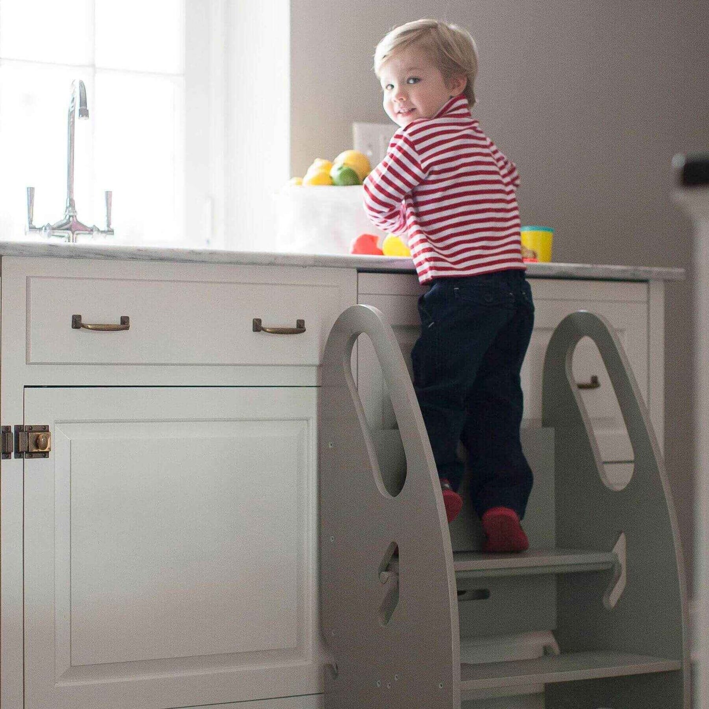 Boy Standing on Little Partners 3-in-1 Growing Step Stool Silver