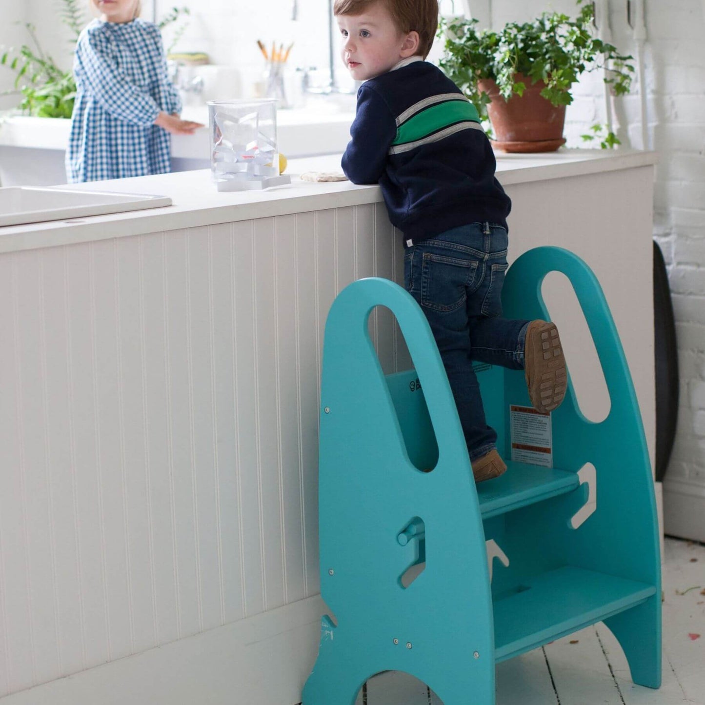 Boy Standing on Little Partners 3-in-1 Growing Step Stool Turquoise