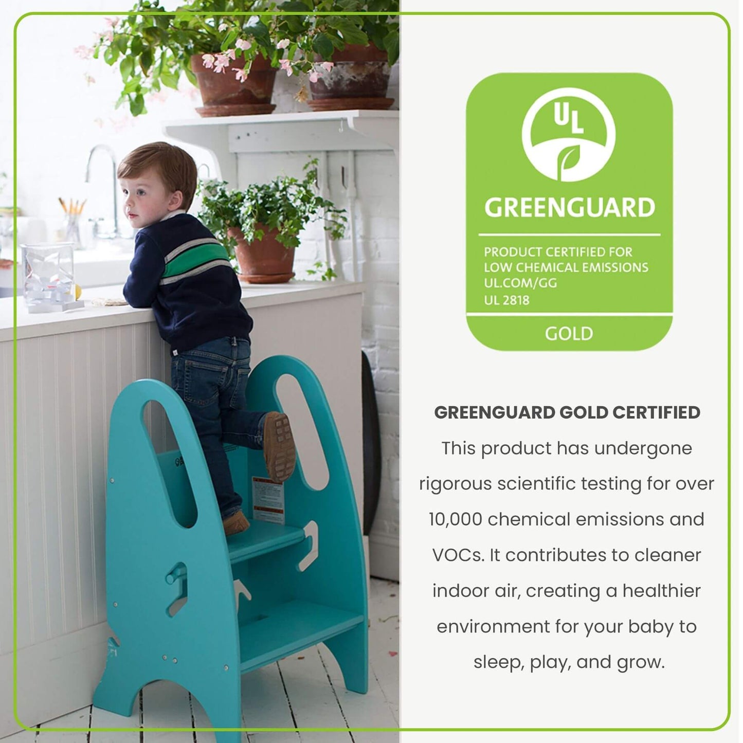 Boy Standing on Little Partners 3-in-1 Growing Step Stool Turquoise
