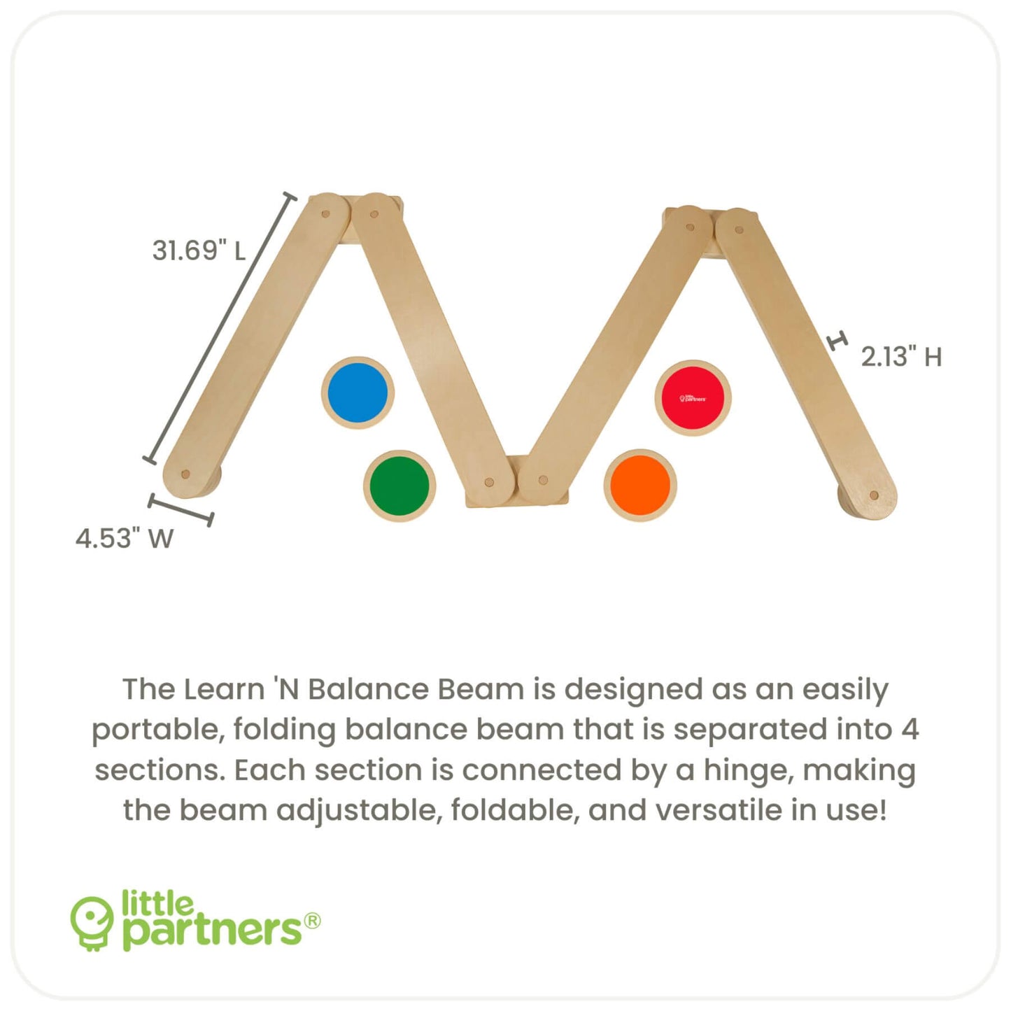 Learn 'N Balance Beam with dimensions and color-coded sections on a white background, featuring the Little Partners logo.