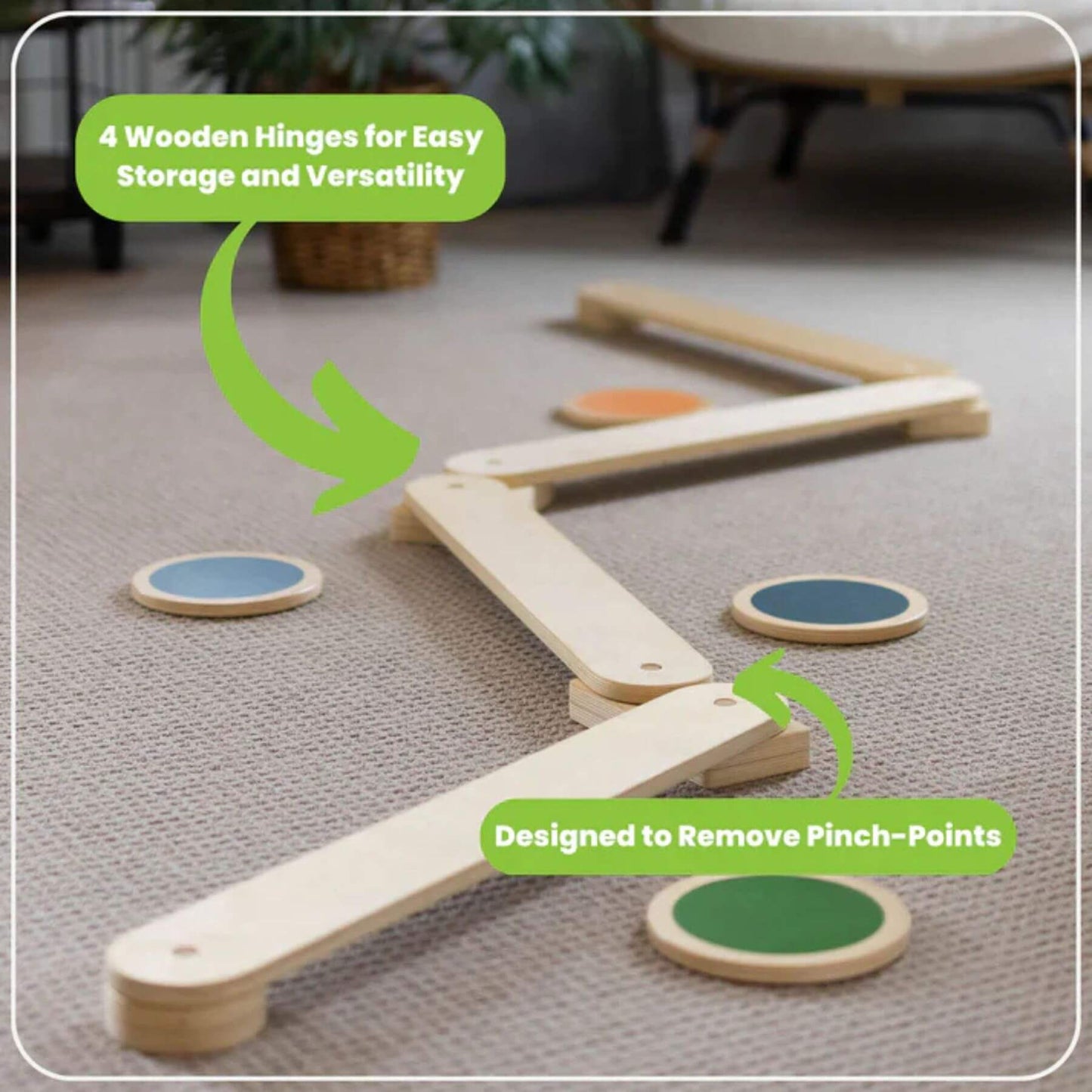 Little Partners Learn 'N Balance Set on a carpeted floor, labeled for storage and versatility.