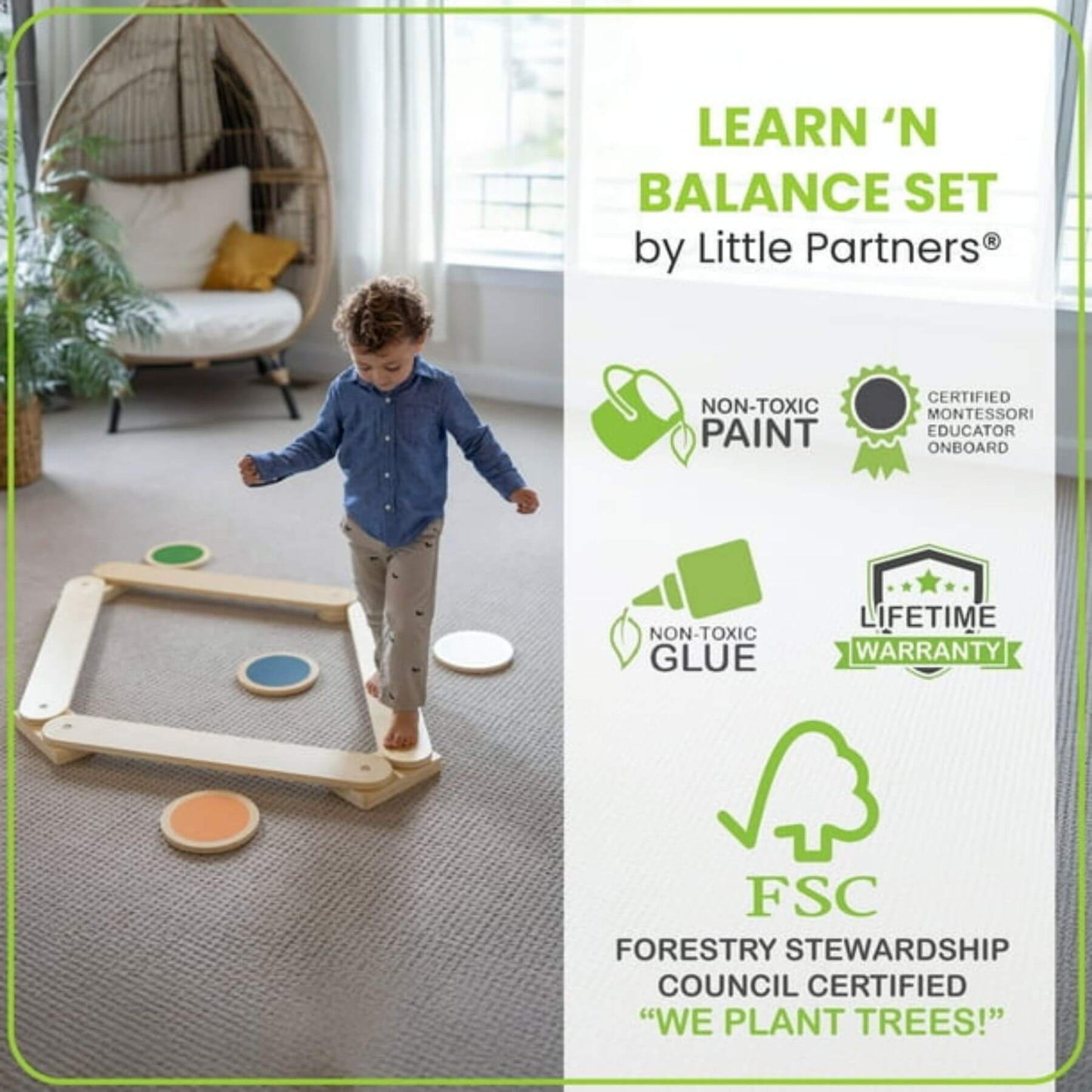 Child playing with Little Partners Learn 'N Balance Set in a room with a modern interior, featuring the 'Learn 'N Balance Set by Little Partners' branding.