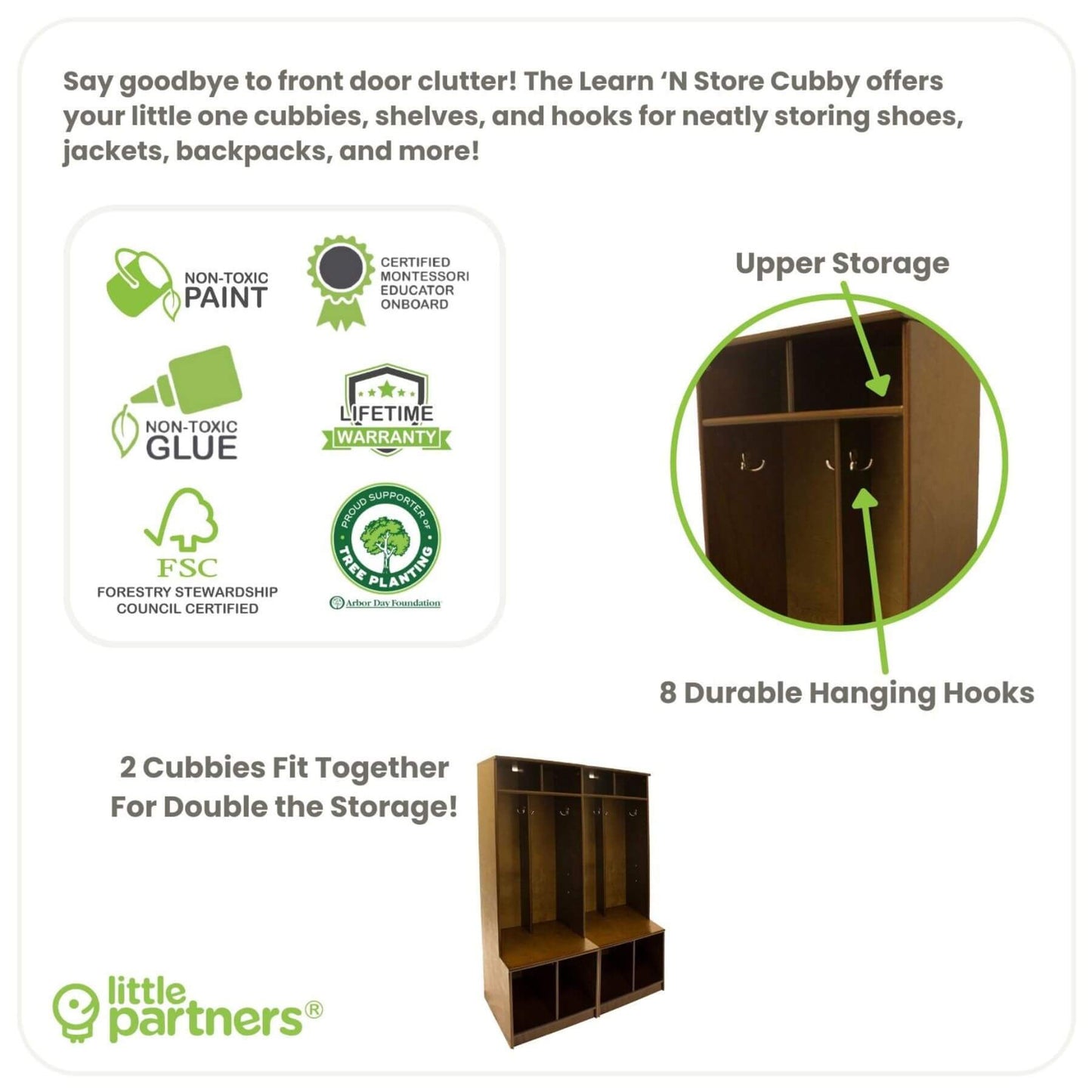 Learn 'N Store Cubby with features highlighted on a white background