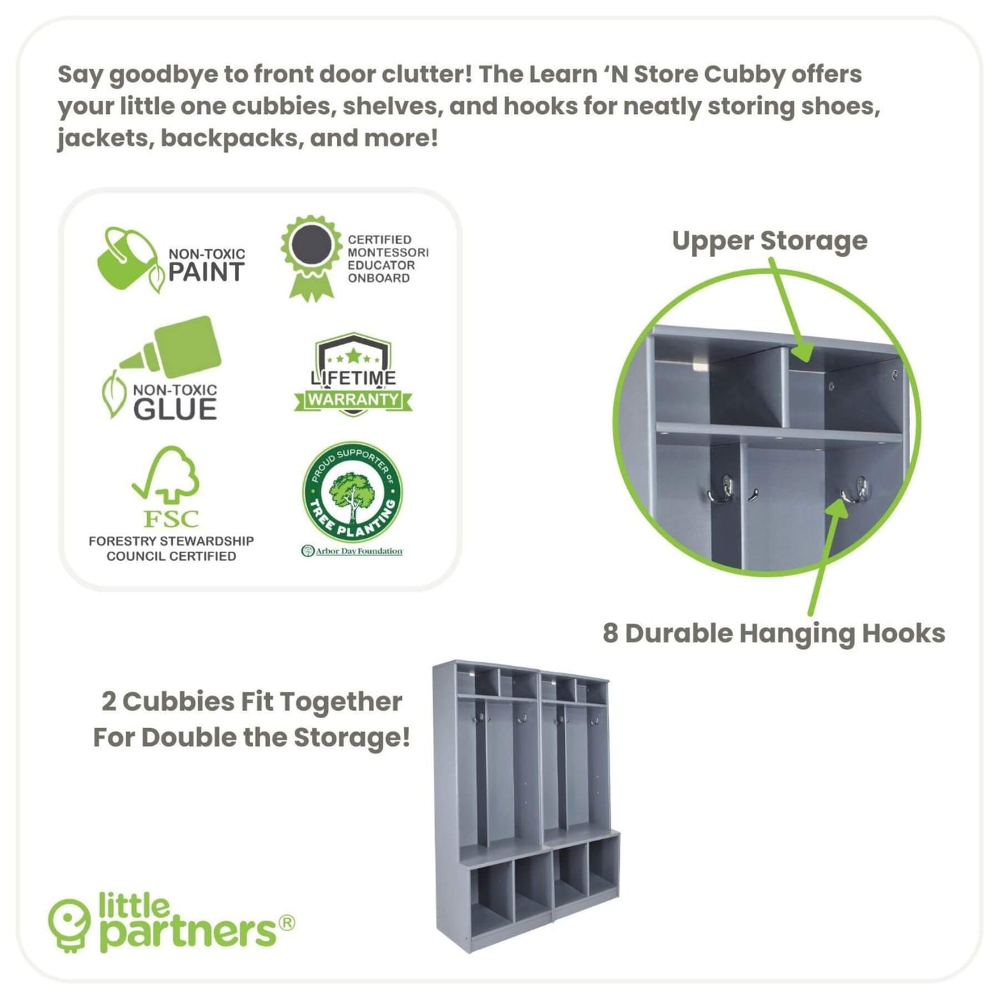 Learn 'N Store Cubby with features highlighted on a white background
