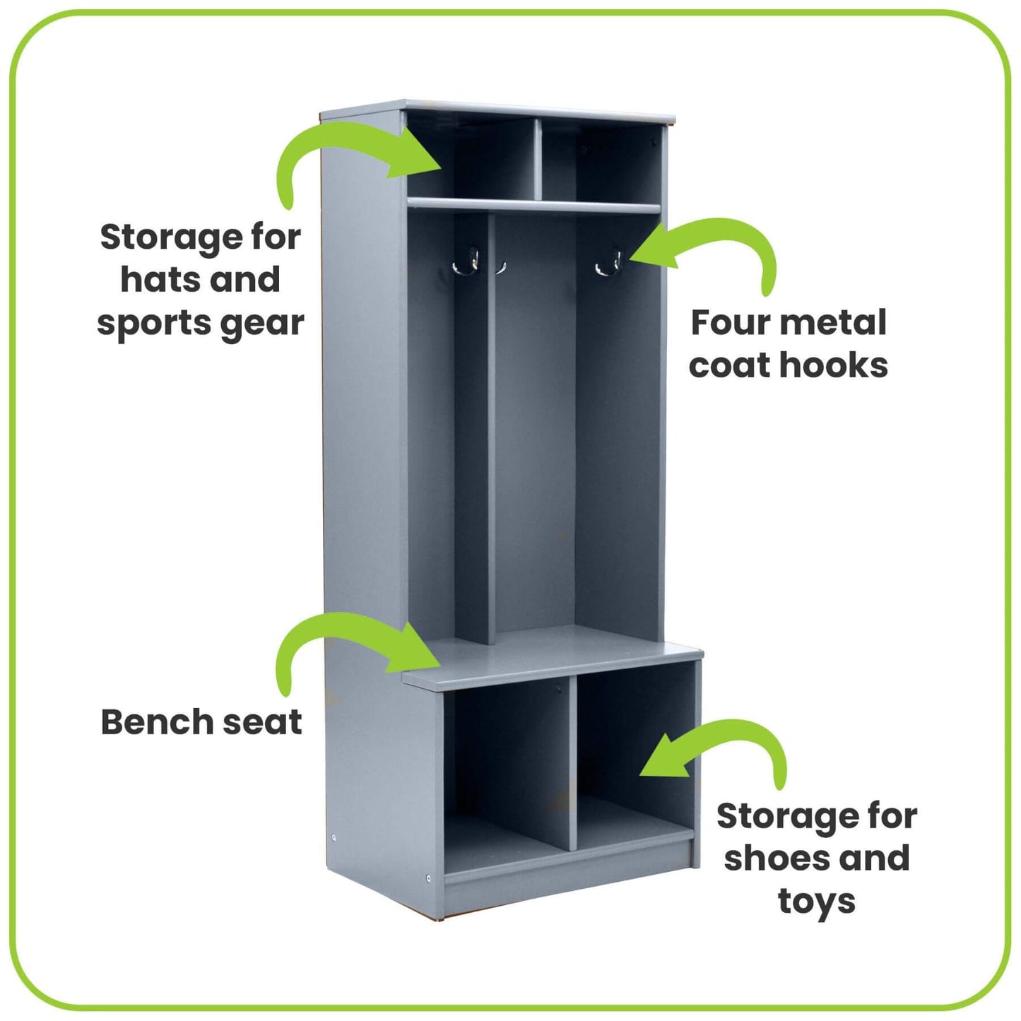 Little Partners Learn 'N Store Cubby Grey with features highlighted on a white background