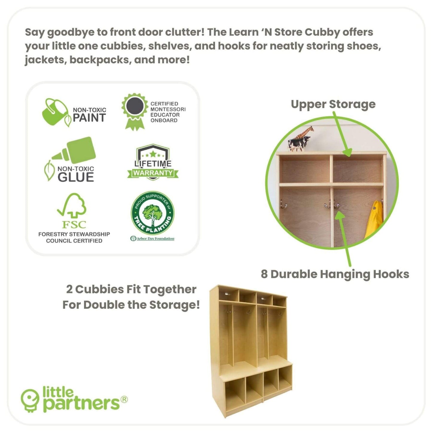 Learn 'N Store Cubby with features highlighted on a white background