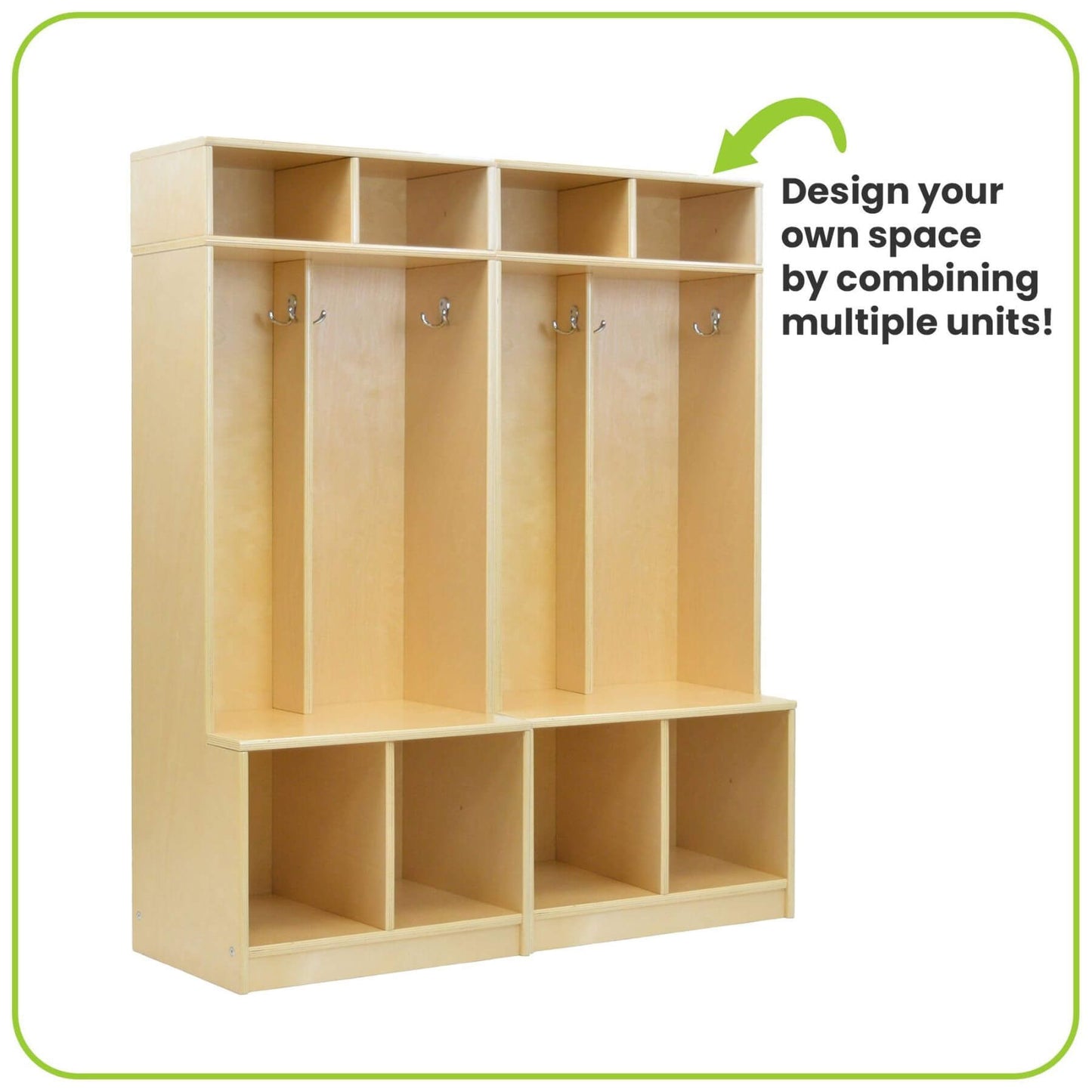 Little Partners Learn 'N Store Cubby Natural with multiple compartments and hooks, designed to be combined for space customization.