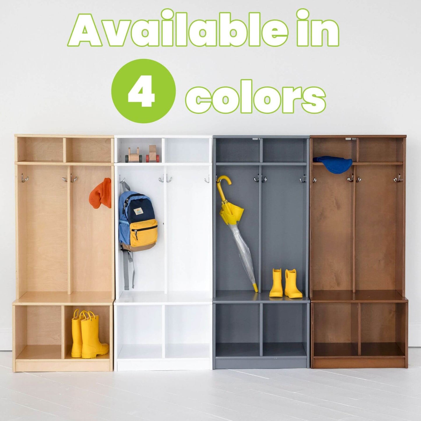 Little Partners Learn 'N Store Cubby in various colors with items inside on a white background.