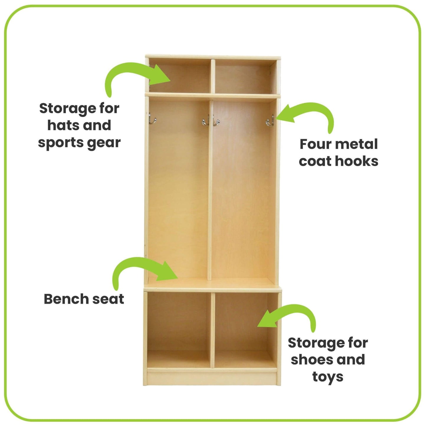 Little Partners Learn 'N Store Cubby Natural with labeled features on a white background
