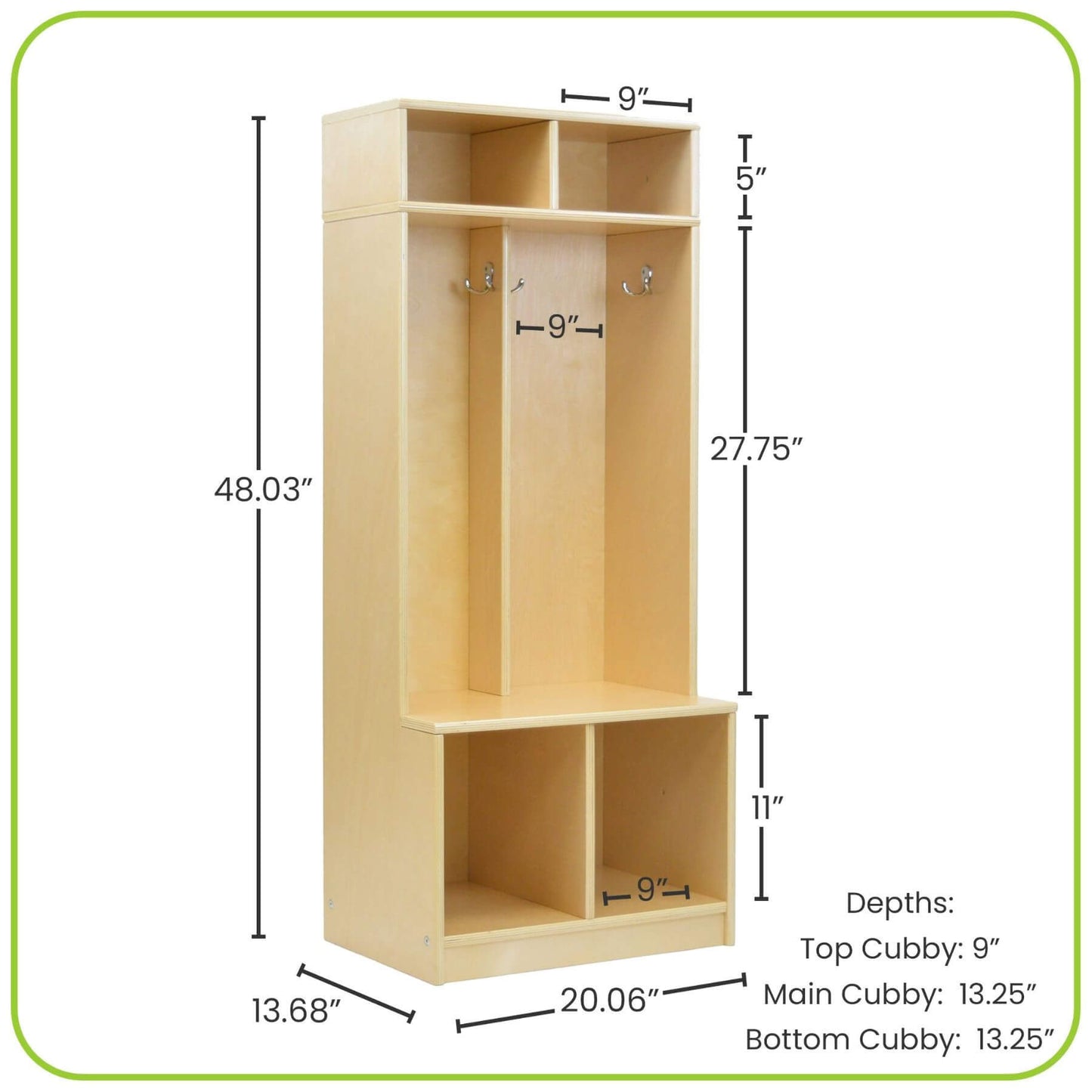 Little Partners Learn 'N Store Cubby Natural with dimensions labeled on a white background