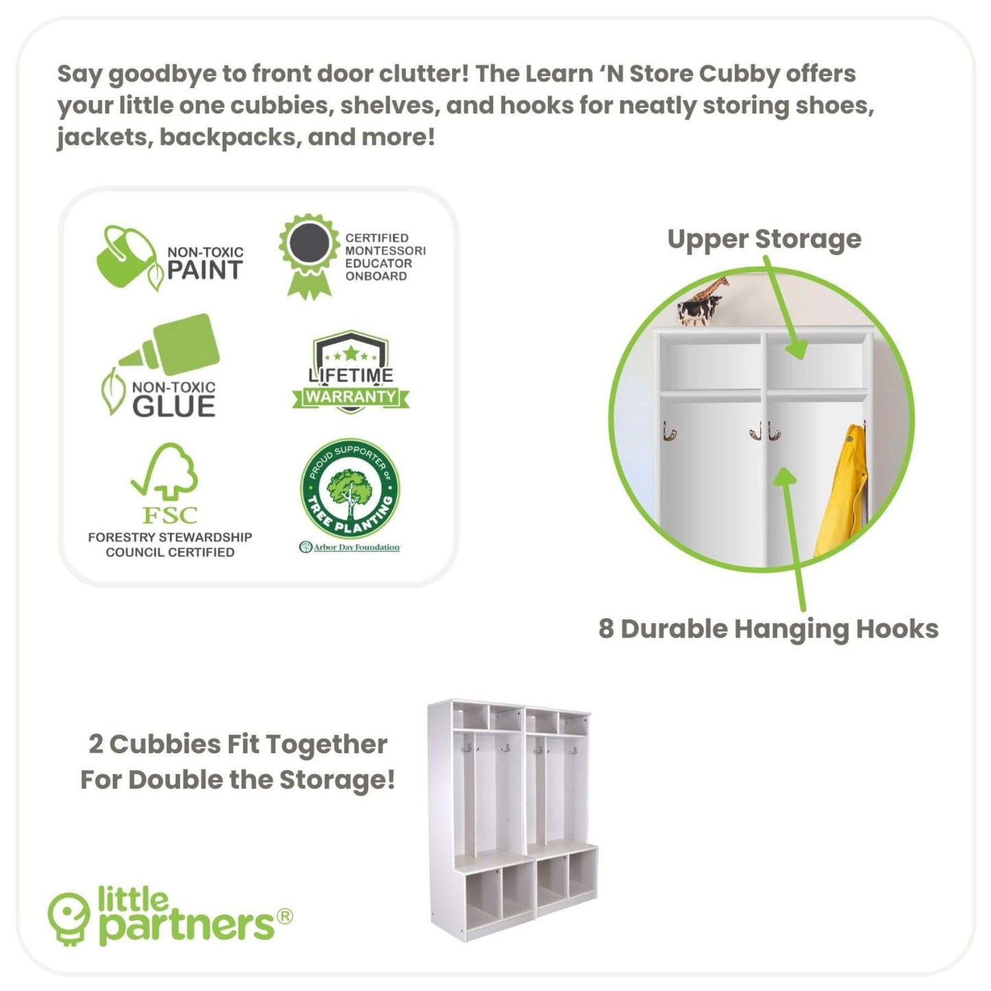 Little Partners Learn 'N Store Cubby with features highlighted on a white background