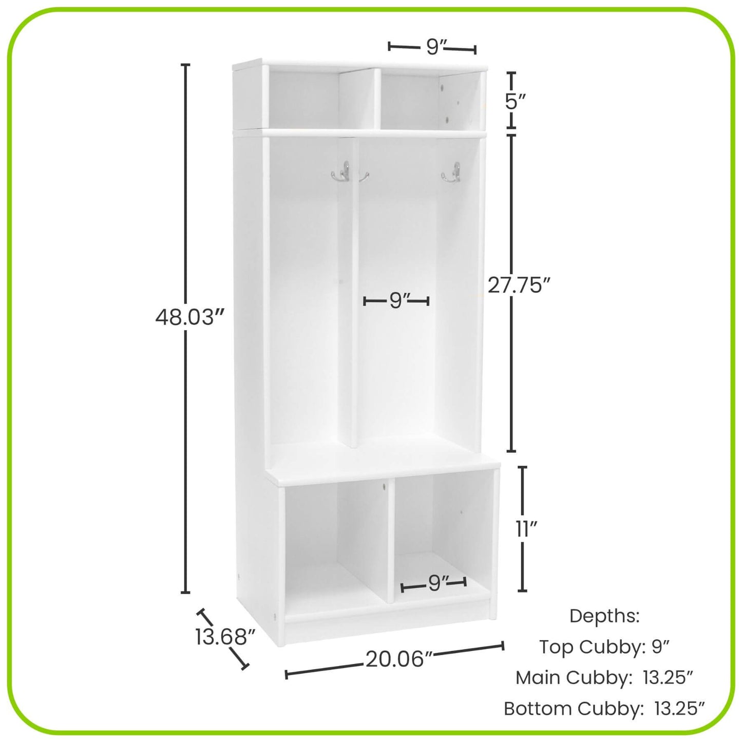 Little Partners Learn 'N Store Cubby with dimensions labeled on a white background