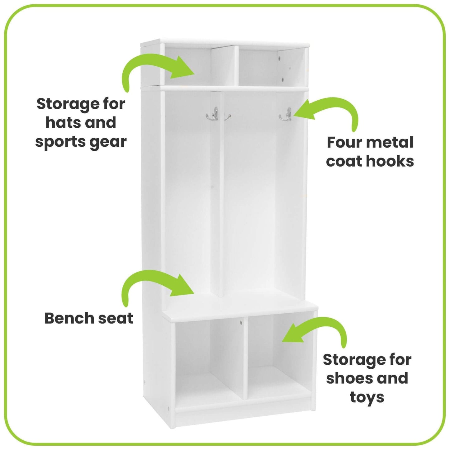 Little Partners Learn 'N Store Cubby and hooks, labeled for use.