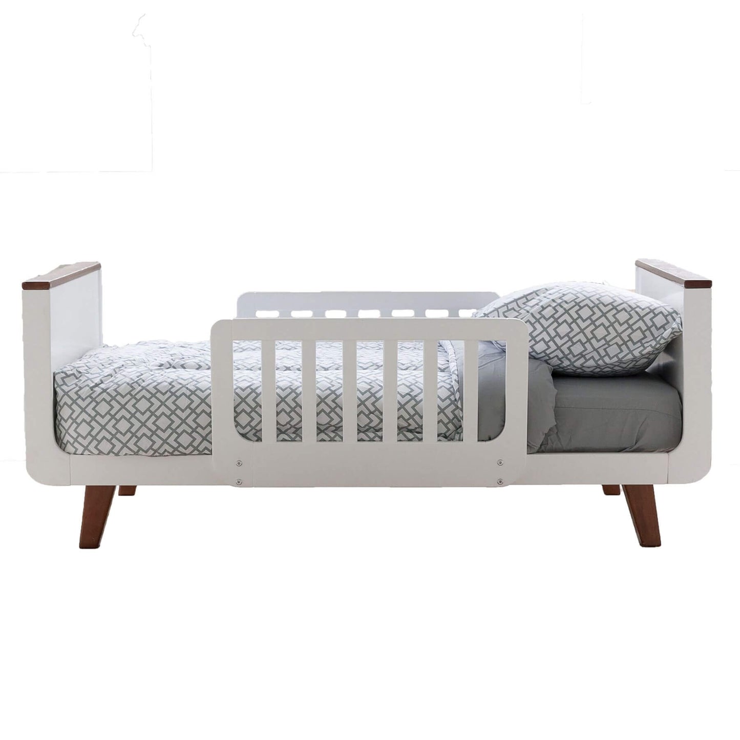 Little Partners MOD Toddler Bed Espresso & White and gray bedding on a white background