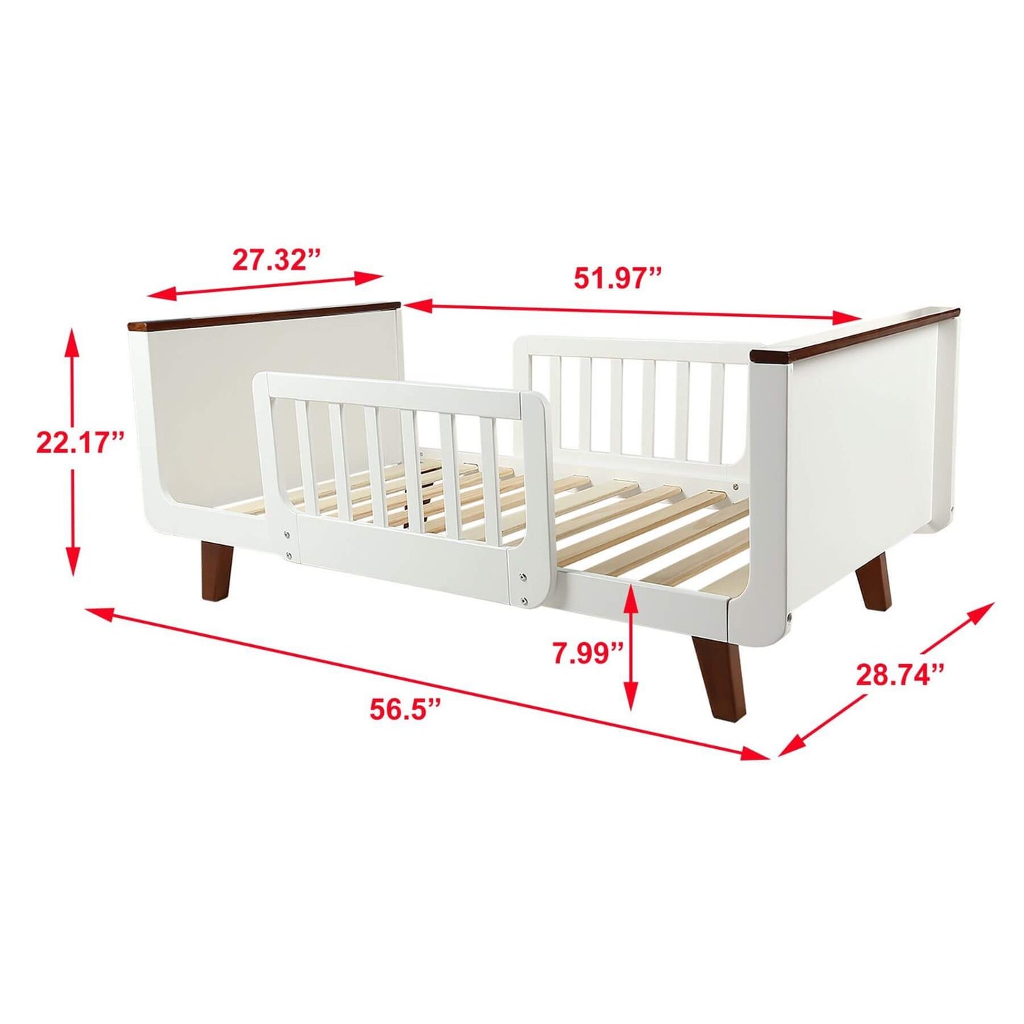 Little Partners MOD Toddler Bed Espresso & White with dimensions marked on a white background