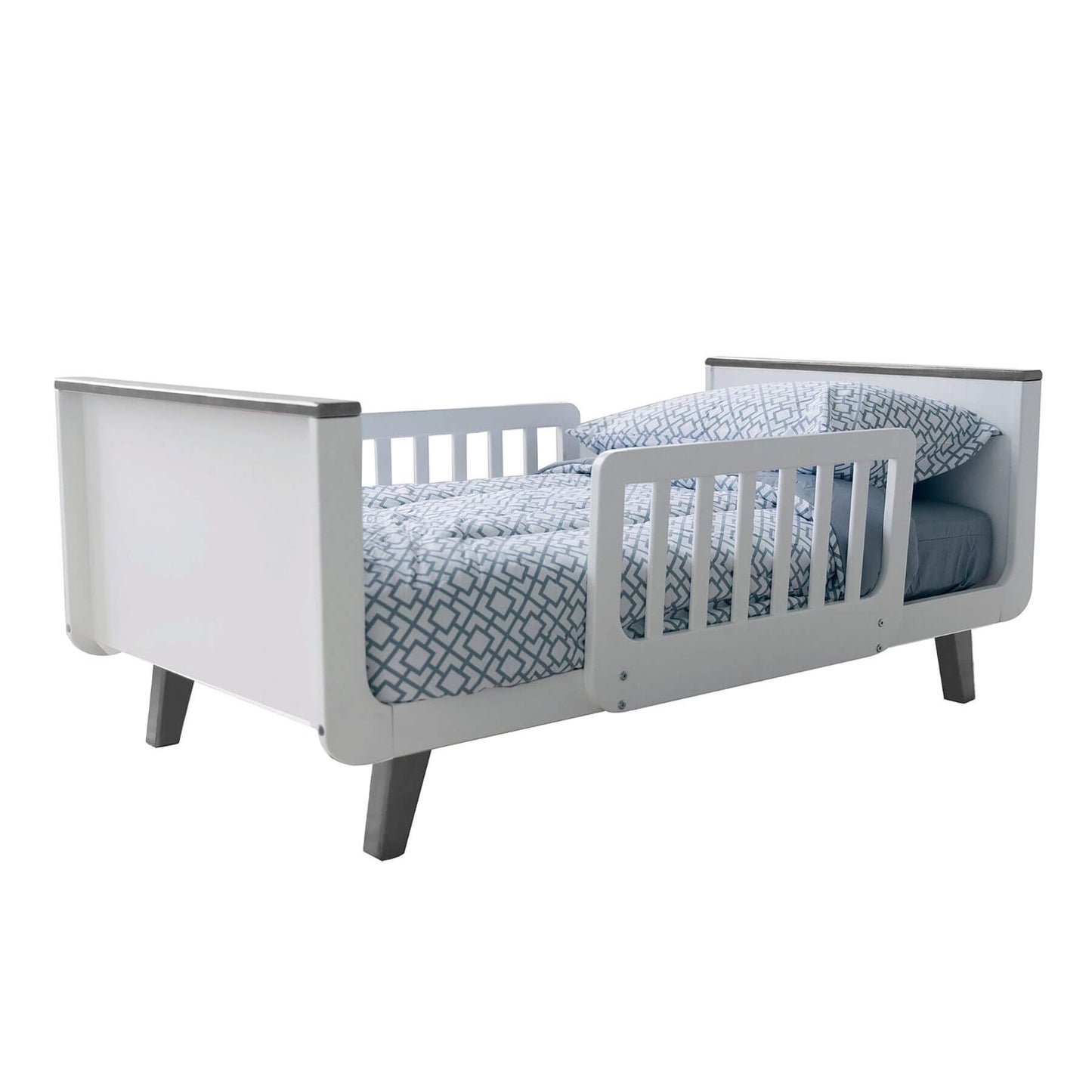 Little Partners MOD Toddler Bed Espresso & White and blue patterned mattress on a white background