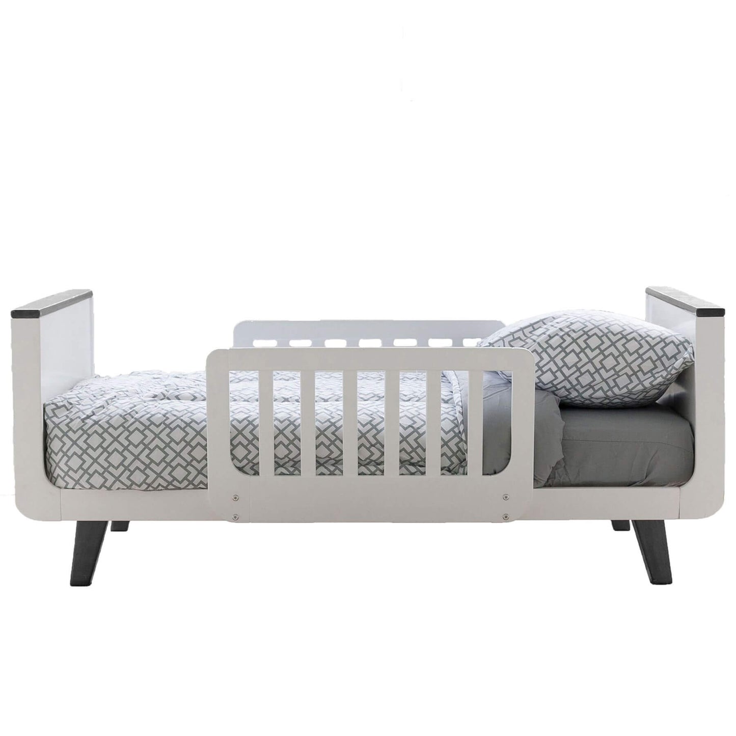 Little Partners MOD Toddler Bed Grey & White with gray mattress and patterned pillow on a white background