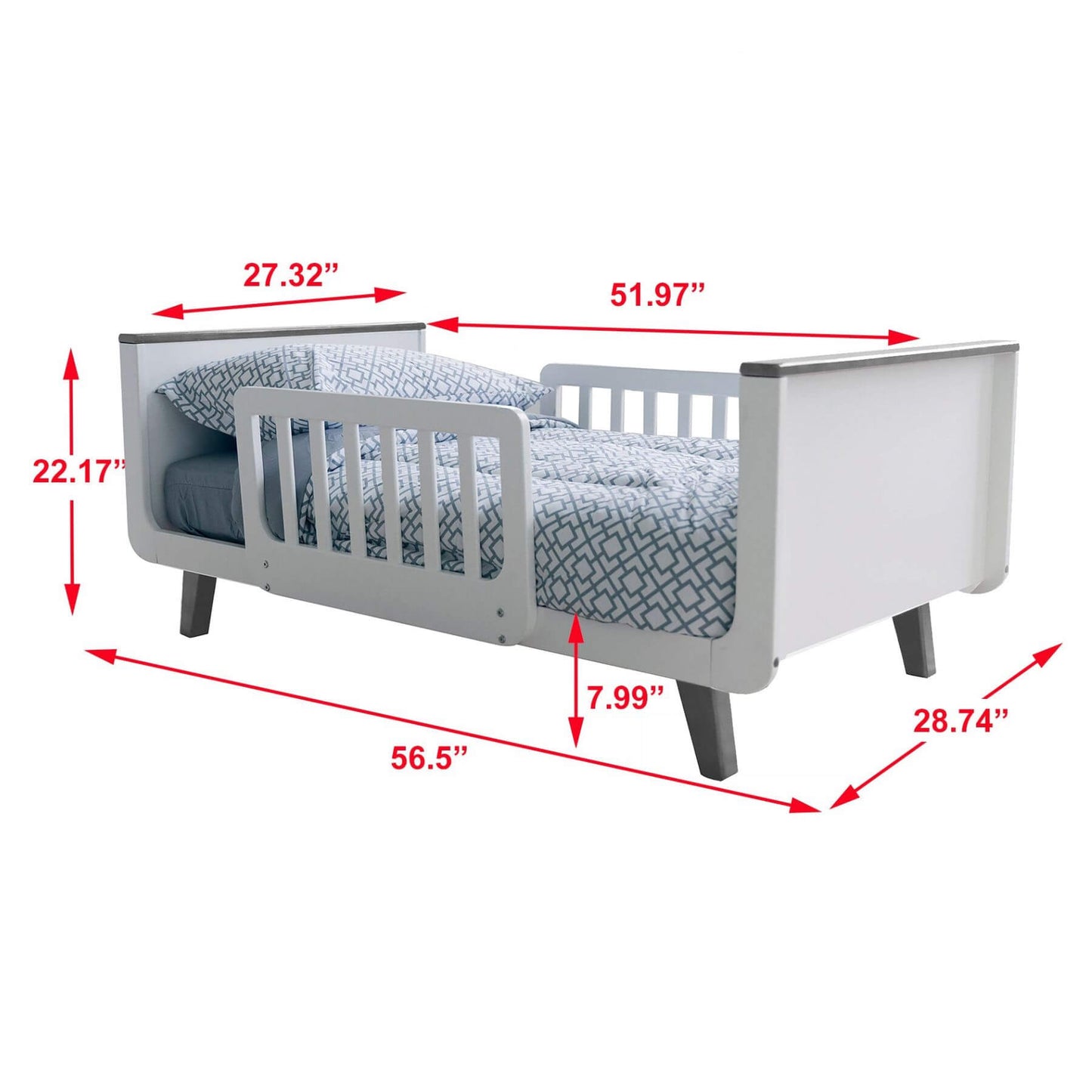 Little Partners MOD Toddler Bed Grey & White with blue bedding and dimensions marked on a white background