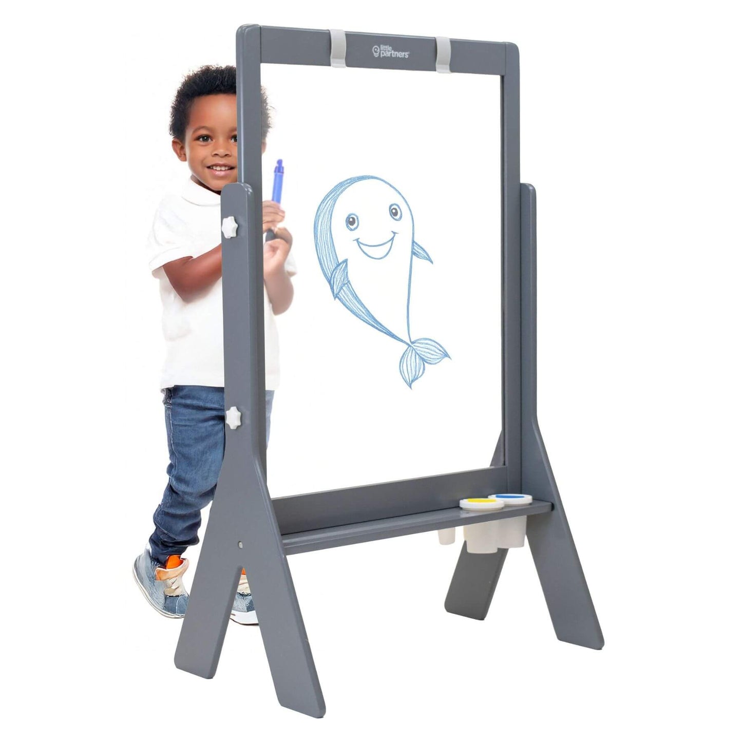 Boy Drawing on Little Partners Peek-A-Boo Easel Grey