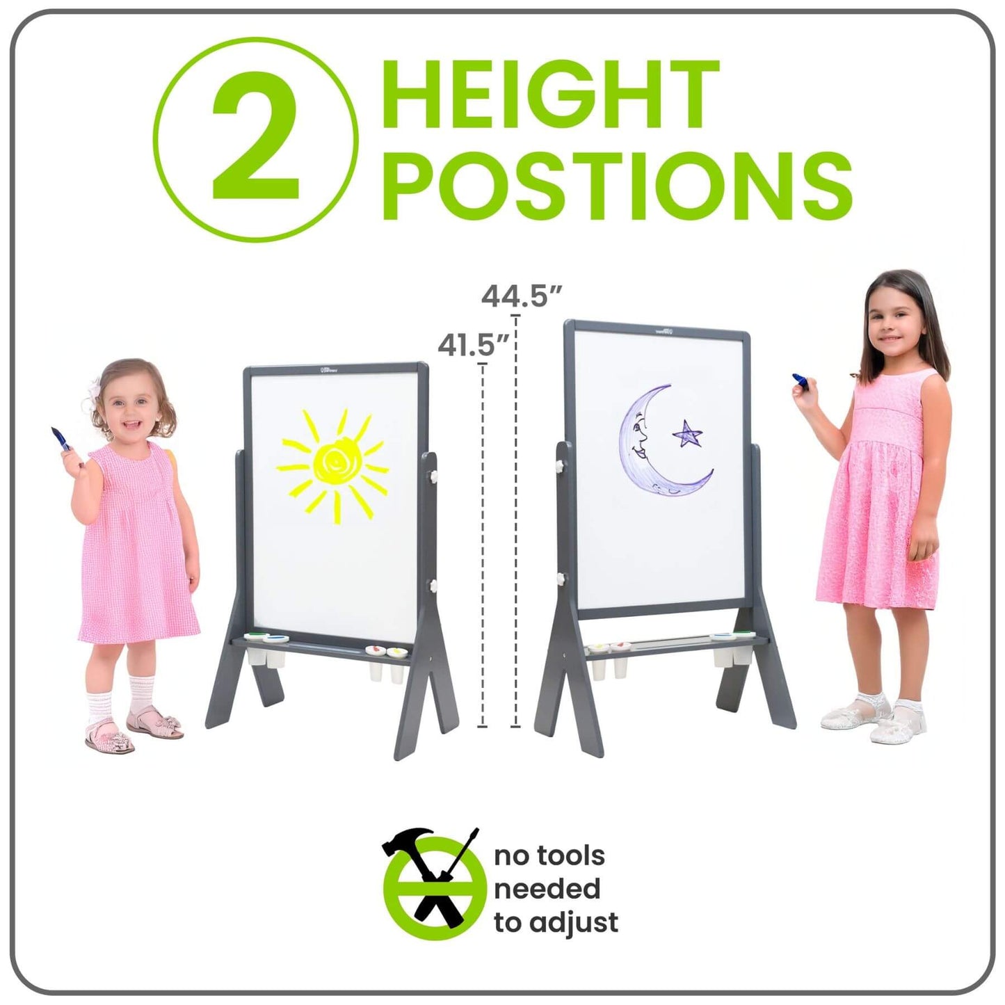 Girl Standing next to Little Partners Peek-A-Boo Easel Grey