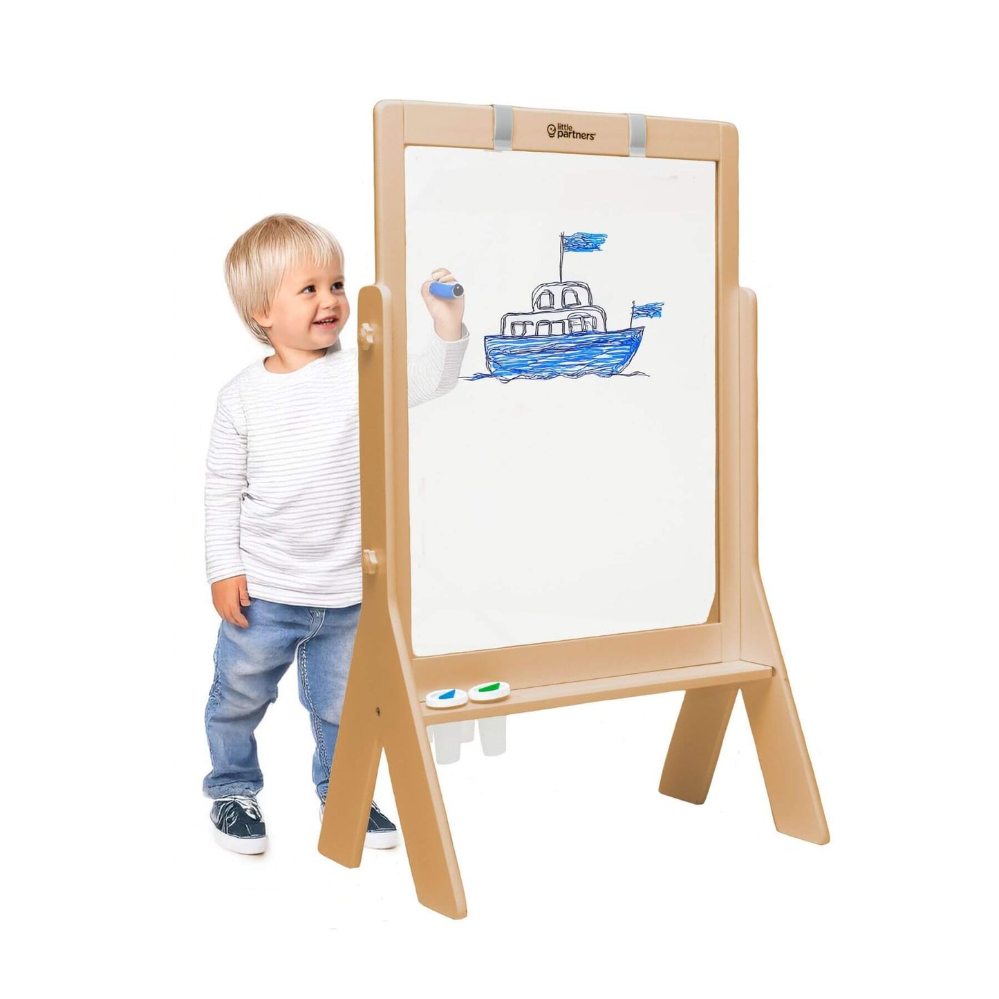 Boy Drawing on Little Partners Peek-A-Boo Easel Natural