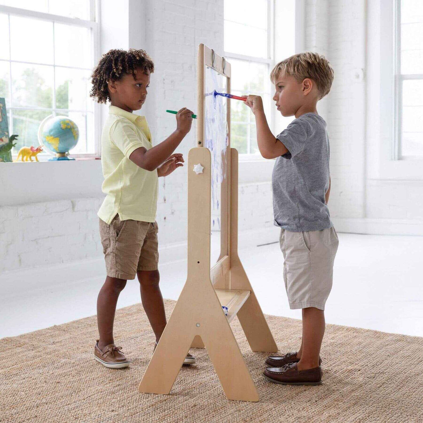 Kids Drawing on both sides of Little Partners Peek-A-Boo Easel Natural