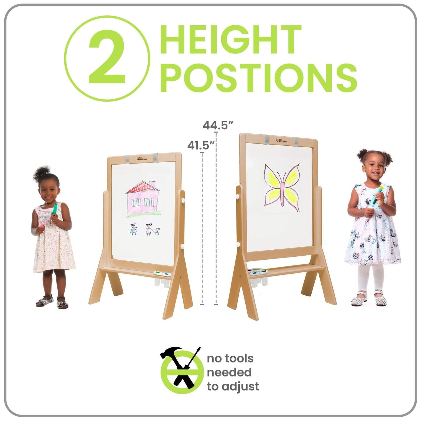 Girl Standing next to Little Partners Peek-A-Boo Easel Natural