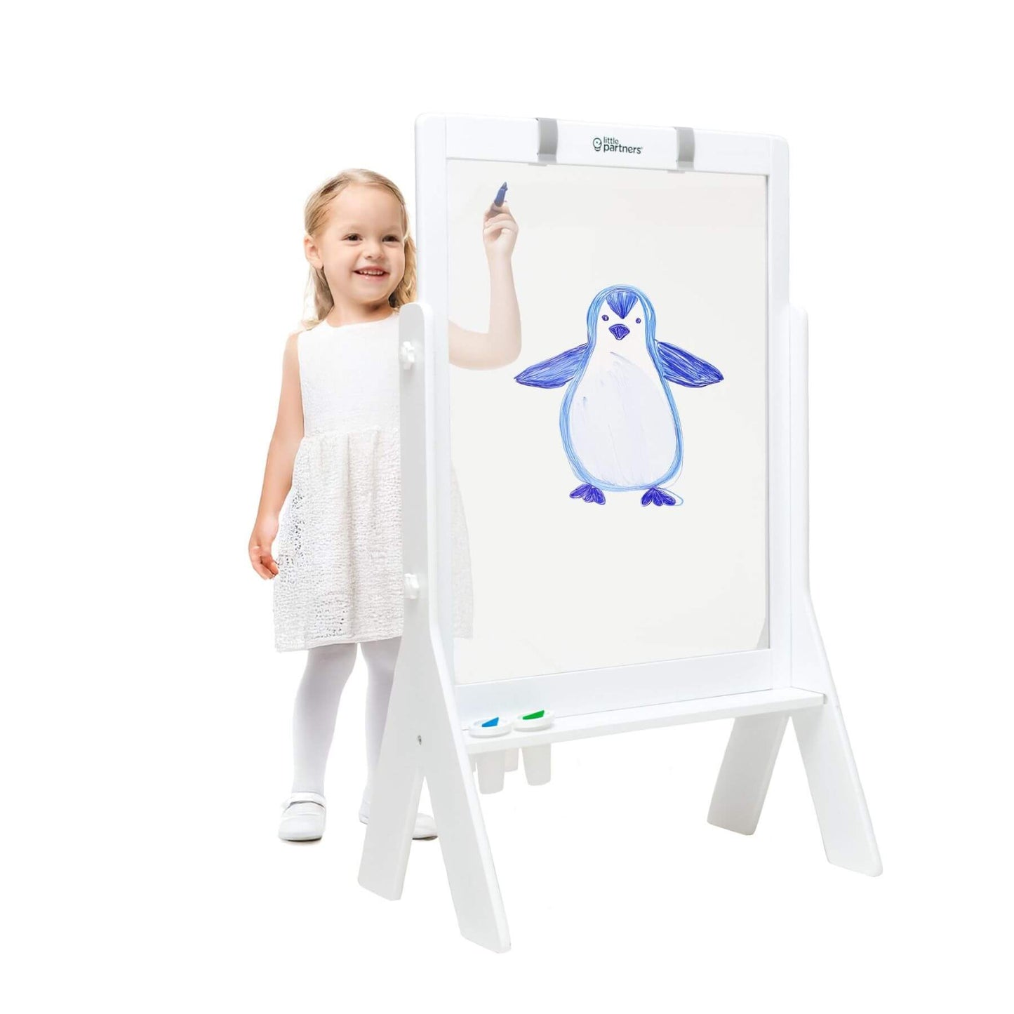 Girl Drawing on Little Partners Peek-A-Boo Easel White