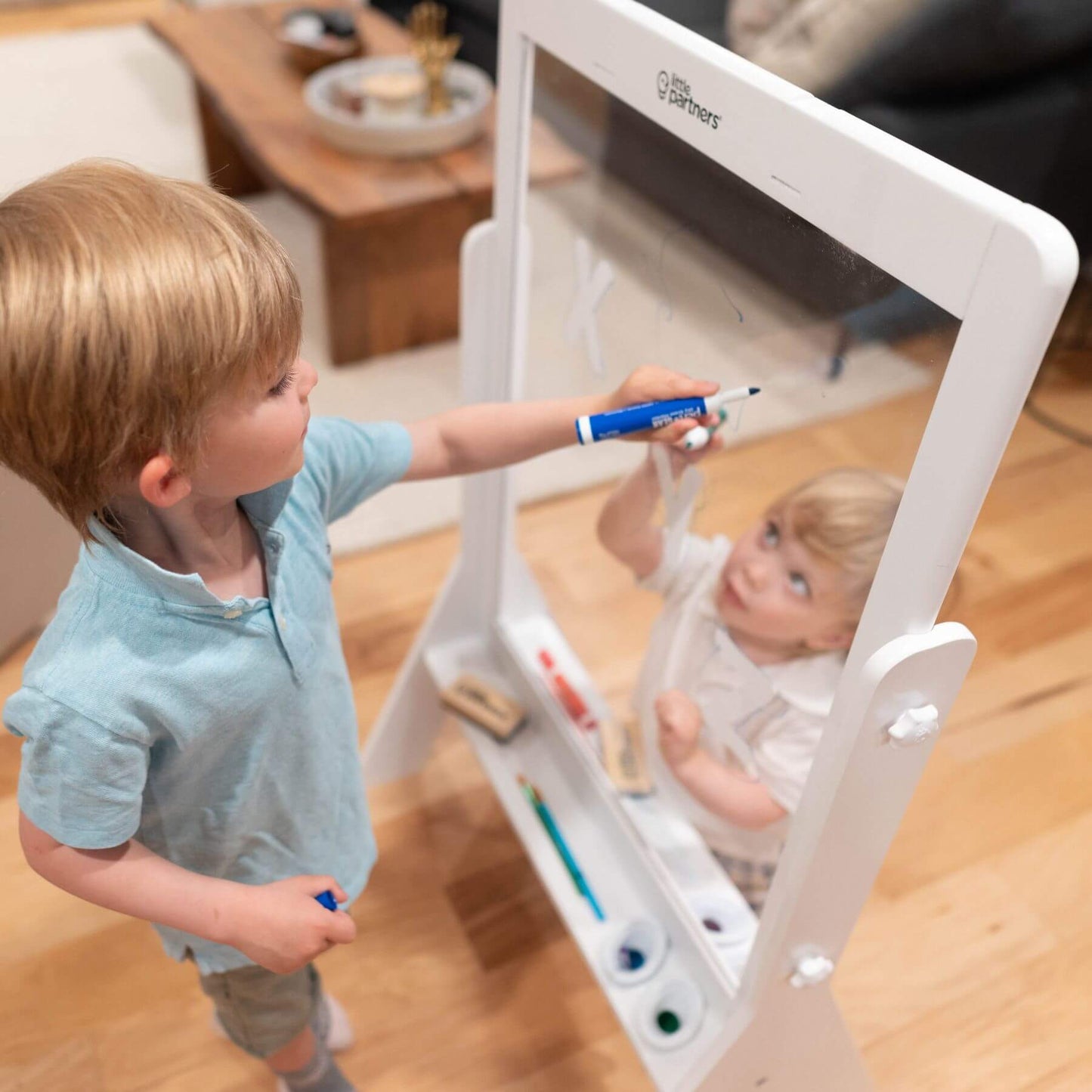 Kids Drawing on both sides of Little Partners Peek-A-Boo Easel White