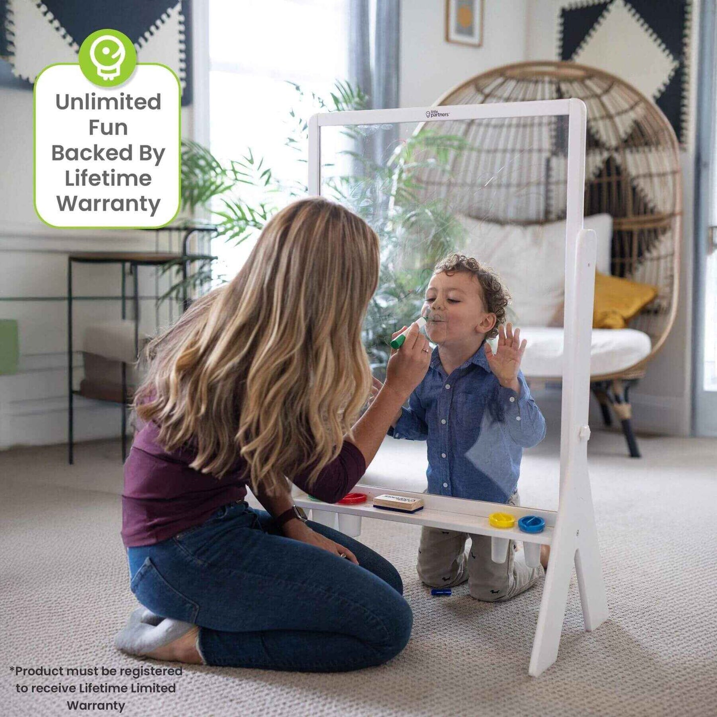 Mom & Kid Drawing on Little Partners Peek-A-Boo Easel White