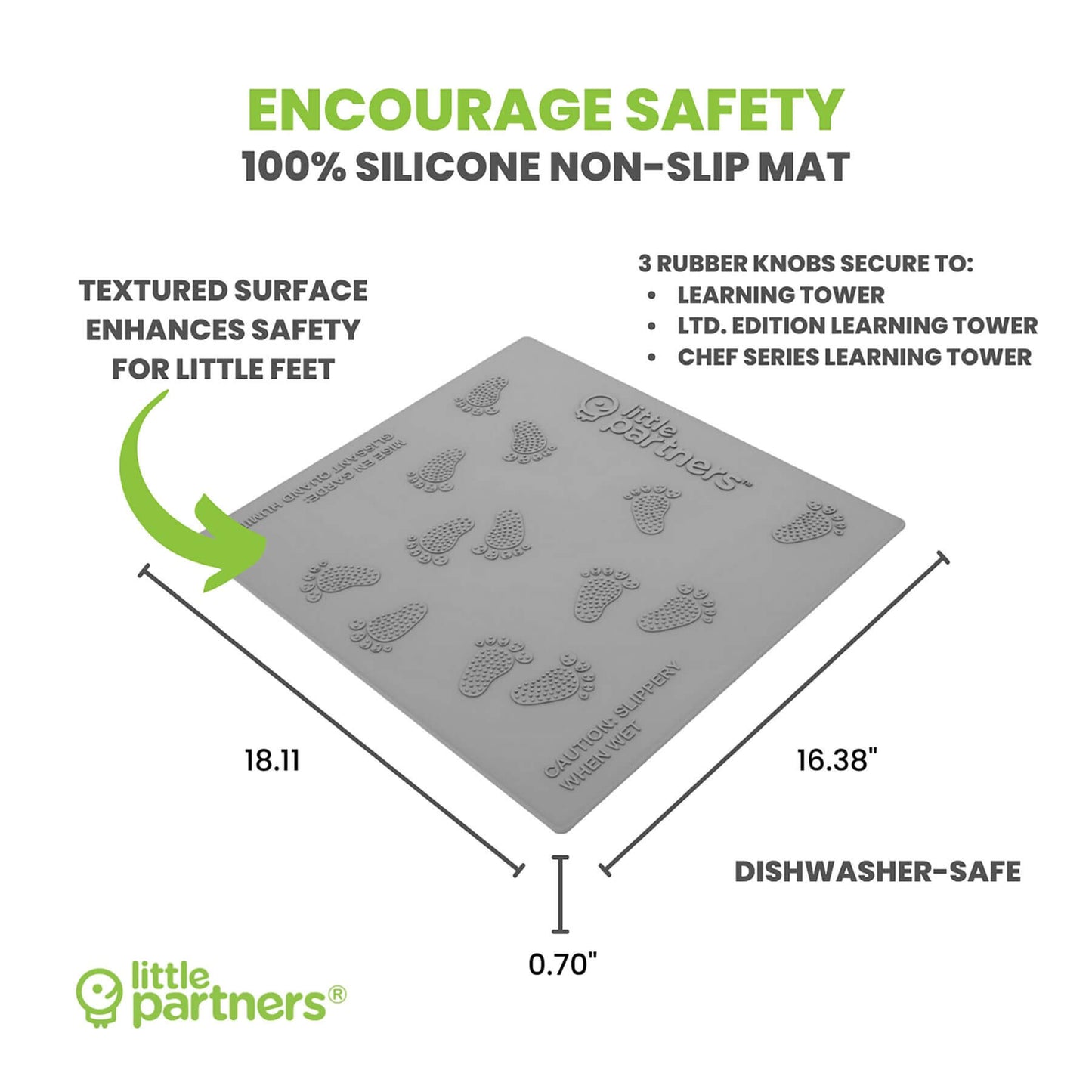 Little Partners Silicone Mat for Learning Tower Platform with text highlighting features and dimensions, branded as 'little partners'.