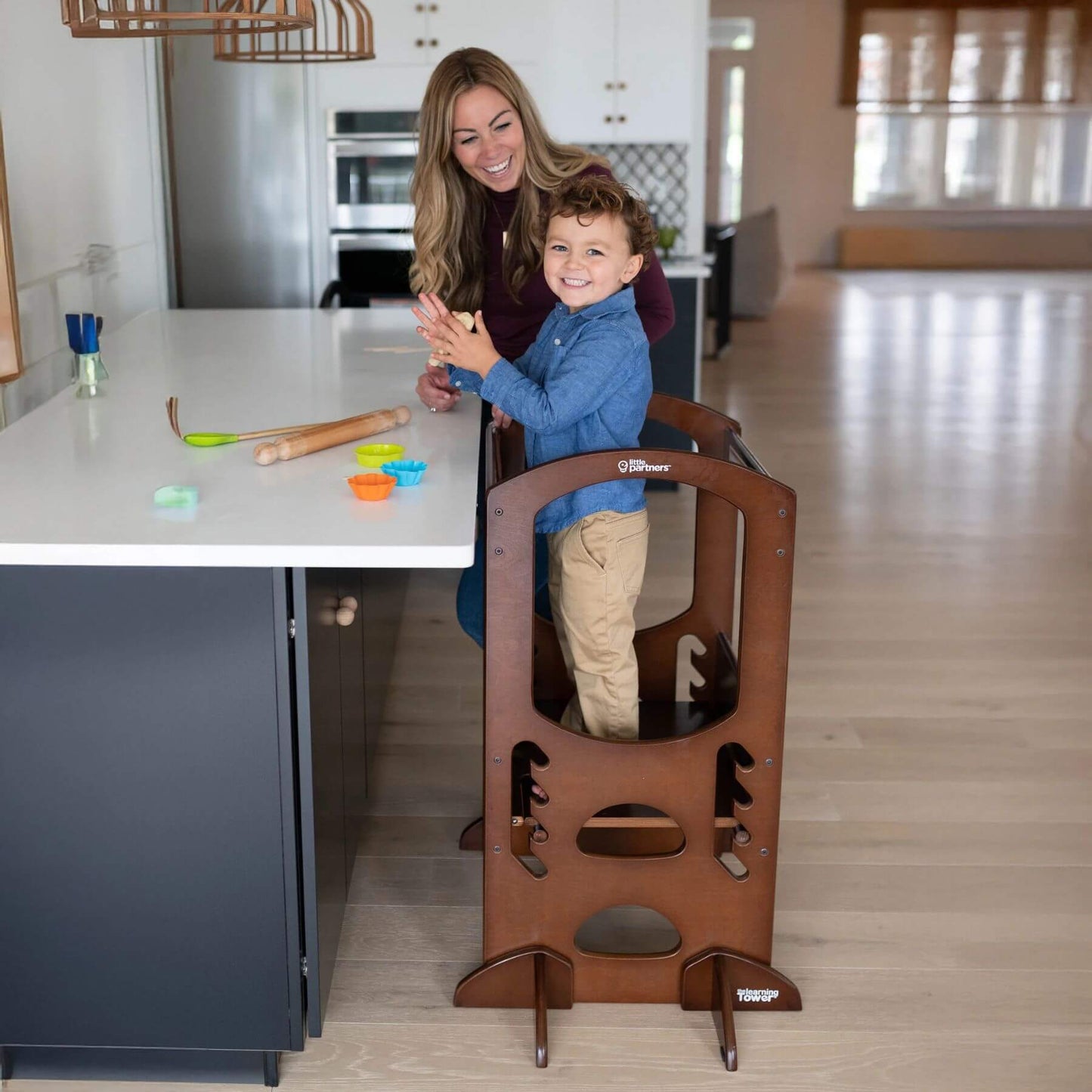 Boy Standing on Little Partners The Learning Tower Espresso, Help Mom with Cooking
