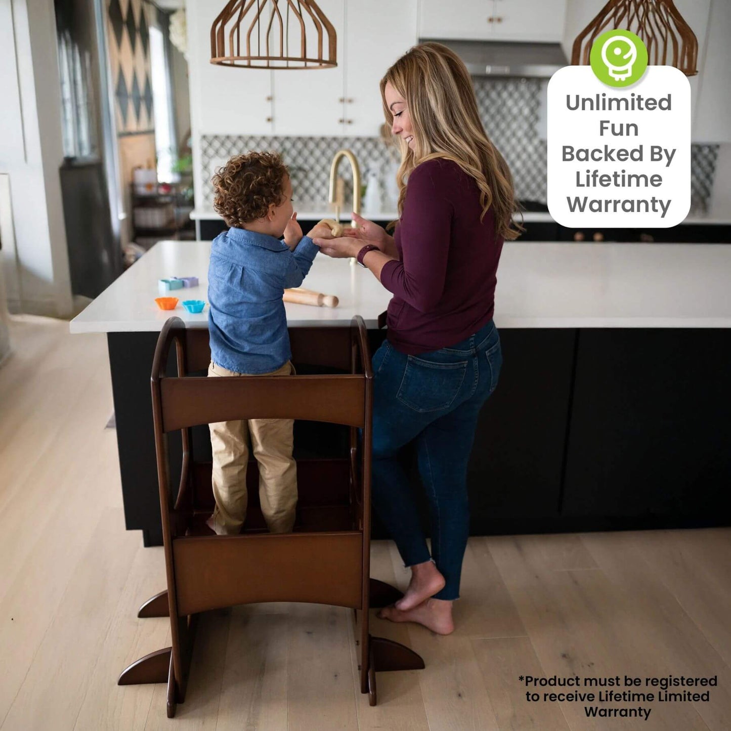 Boy Standing on Little Partners The Learning Tower Espresso, Help Mom with Cooking