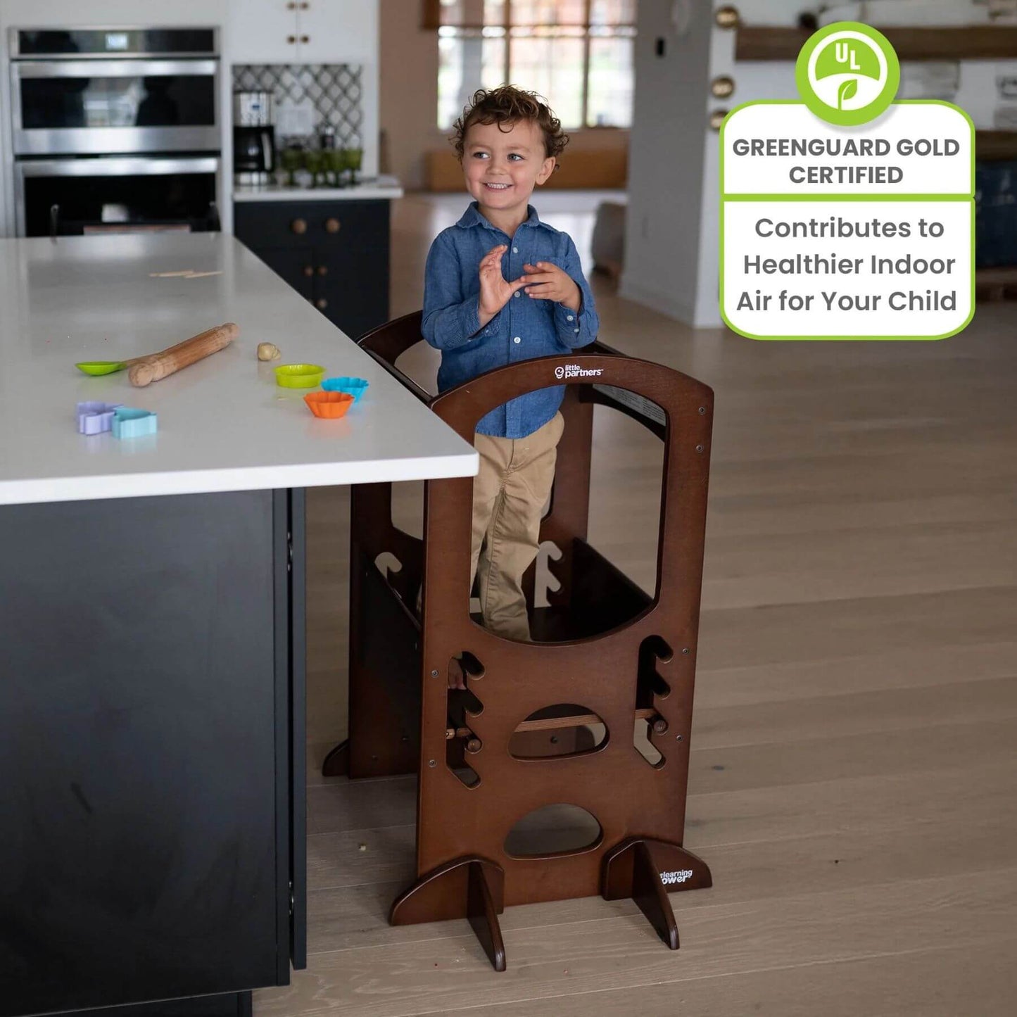 Boy Standing on Little Partners The Learning Tower Espresso