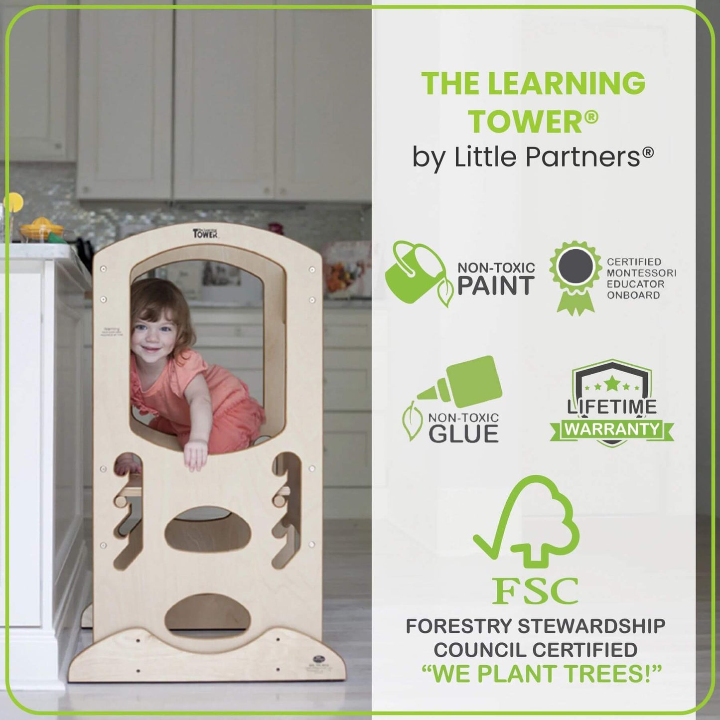Girl Sitting on the platform of Little Partners The Learning Tower Natural