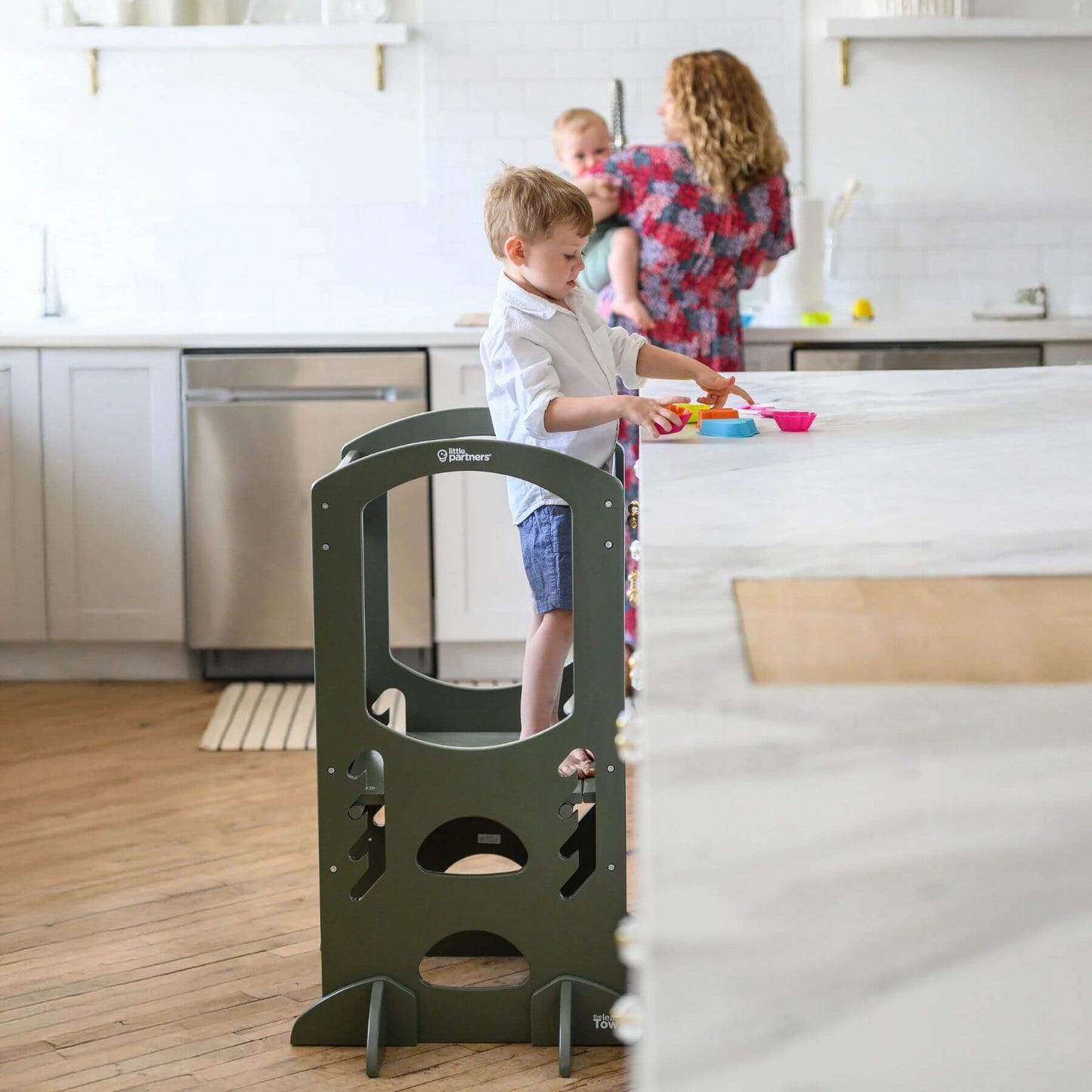Boy Standing on Little Partners The Learning Tower Olive Green, Pretend Cooking
