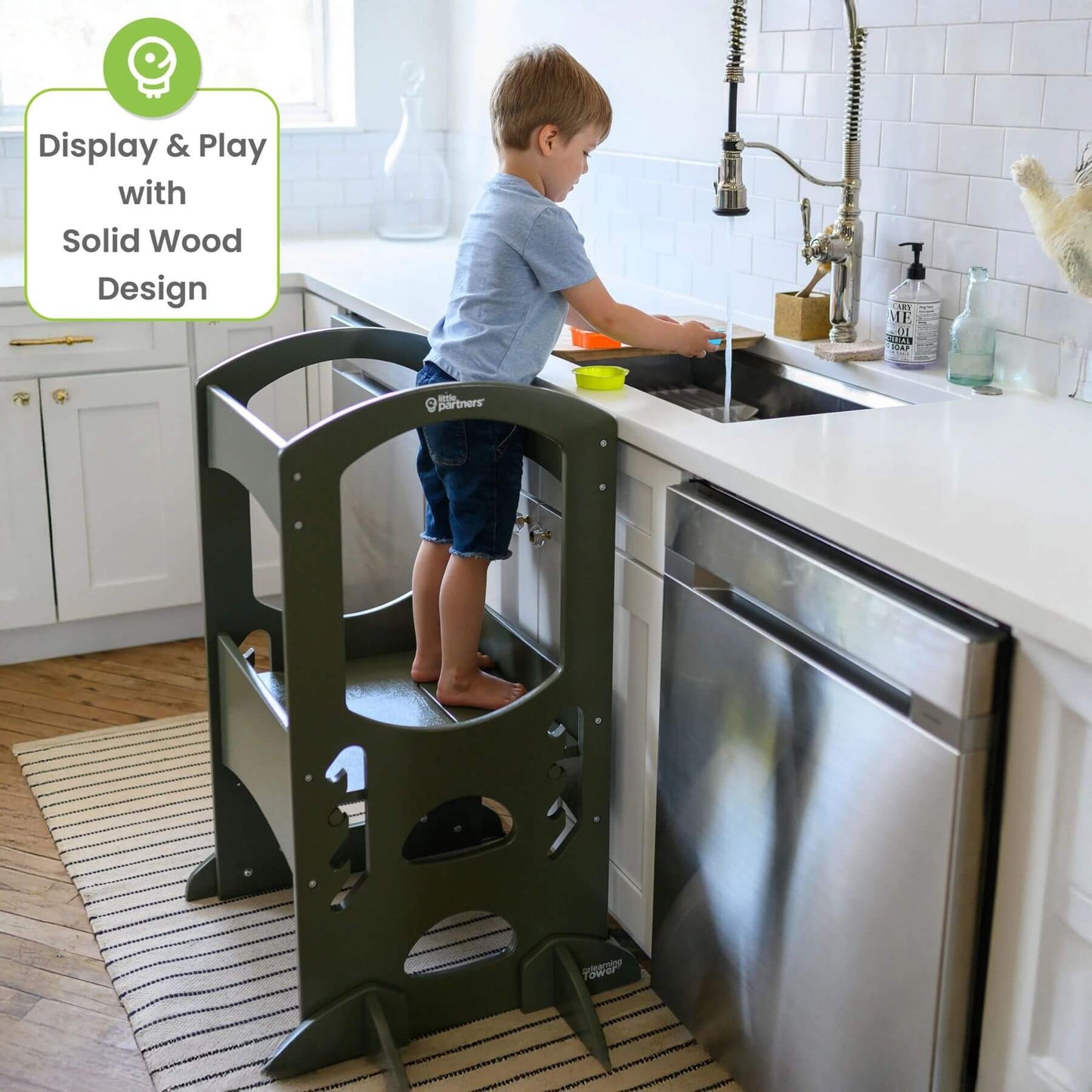 Boy Standing on Little Partners The Learning Tower Olive Green, Washing Toys