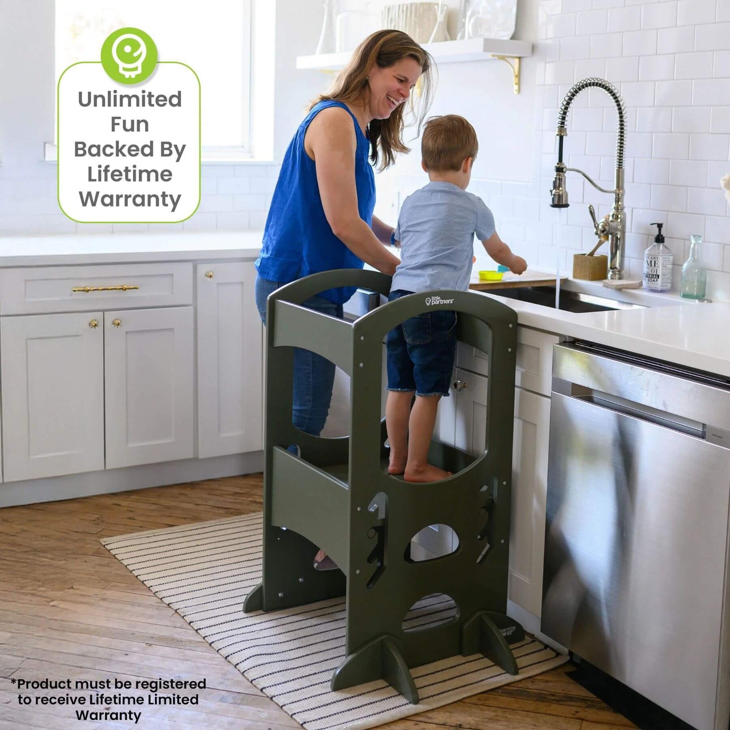 Boy Standing on Little Partners The Learning Tower Olive Green, Help Mom Wash Cooking Tools