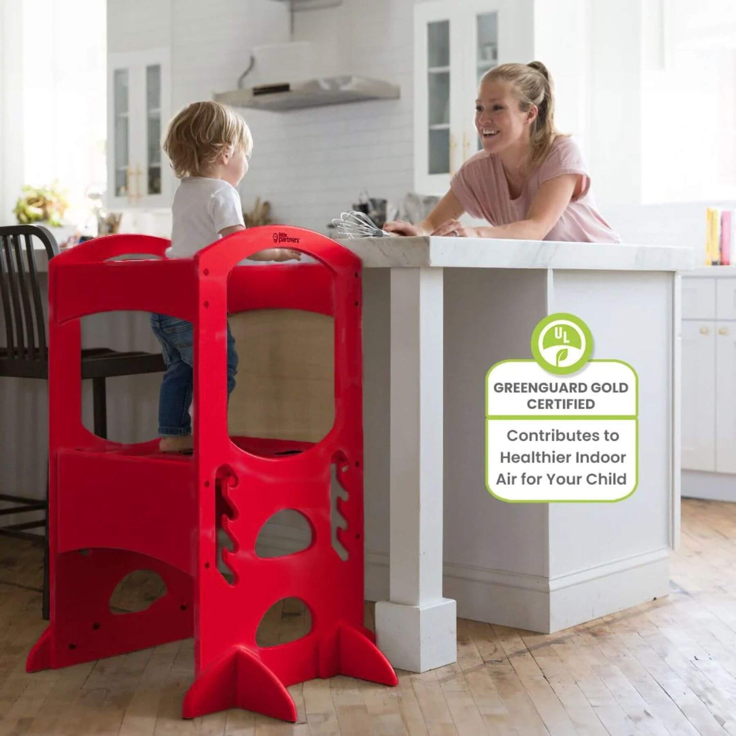 Boy Standing on Little Partners The Learning Tower Red, Help Mom with Cook