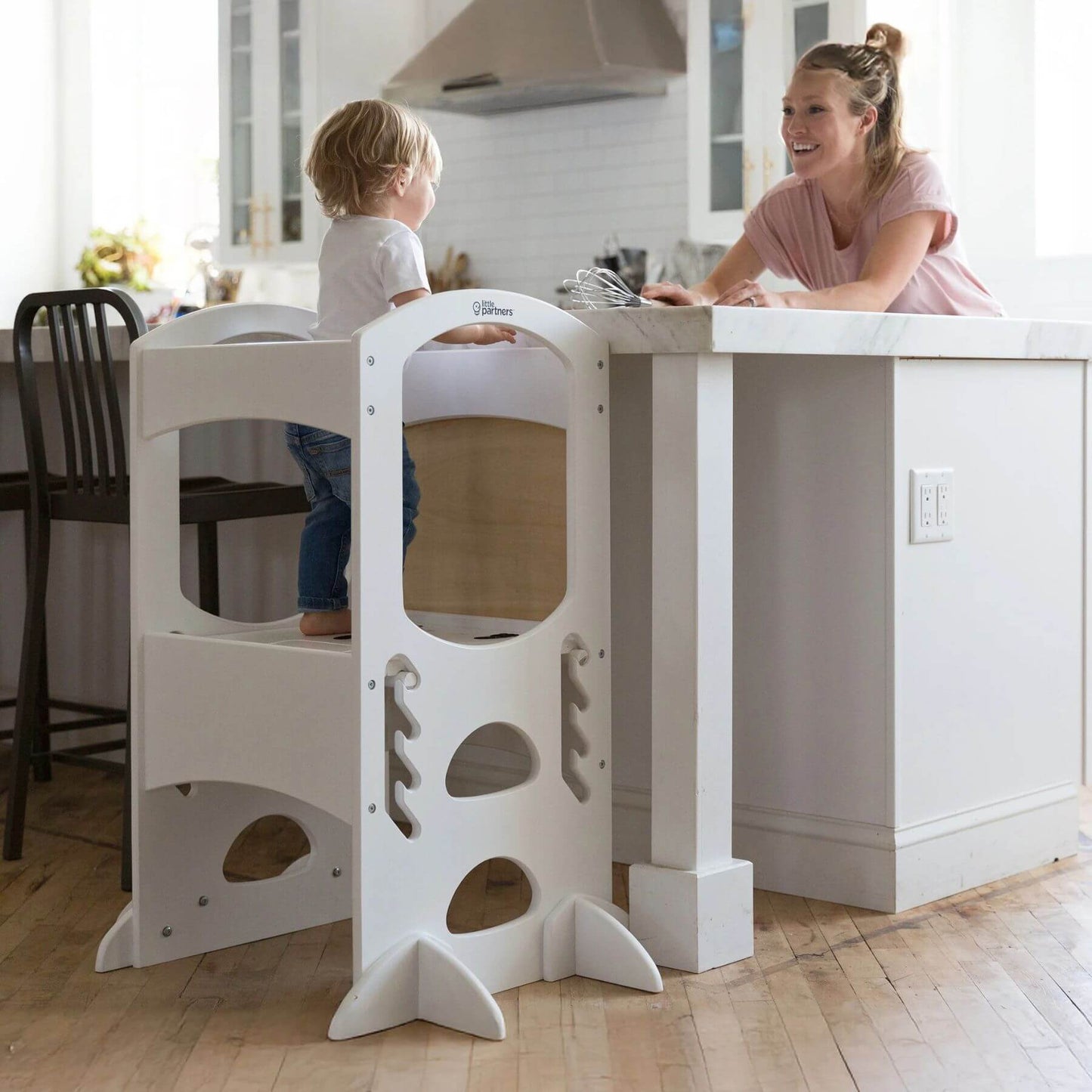 Boy Standing on Little Partners The Learning Tower White, Helping Mom with Cooking
