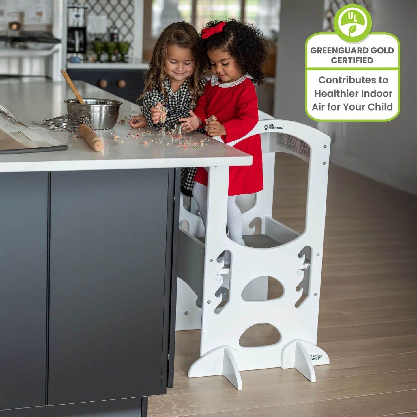 Two Girls Standing on the Same Little Partners The Learning Tower White, Pretending Cook