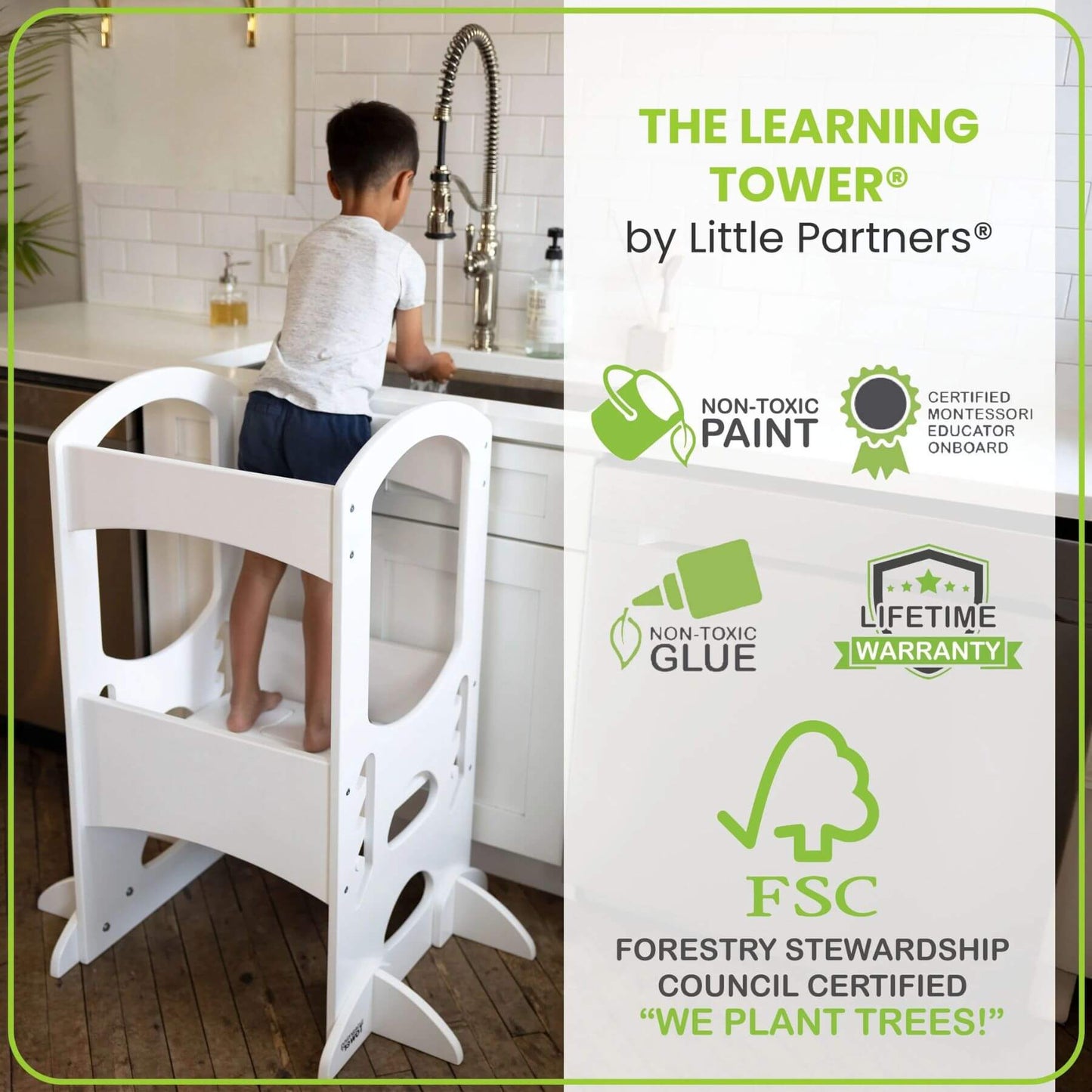 Boy Standing on Little Partners The Learning Tower White, Washing Hands