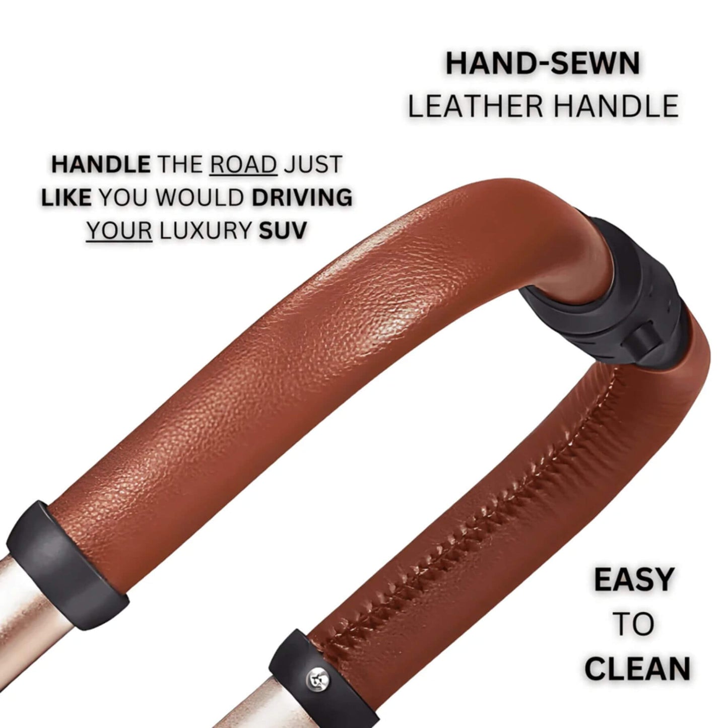 Brown leather handle with stitching details on a white background, featuring text about its features.